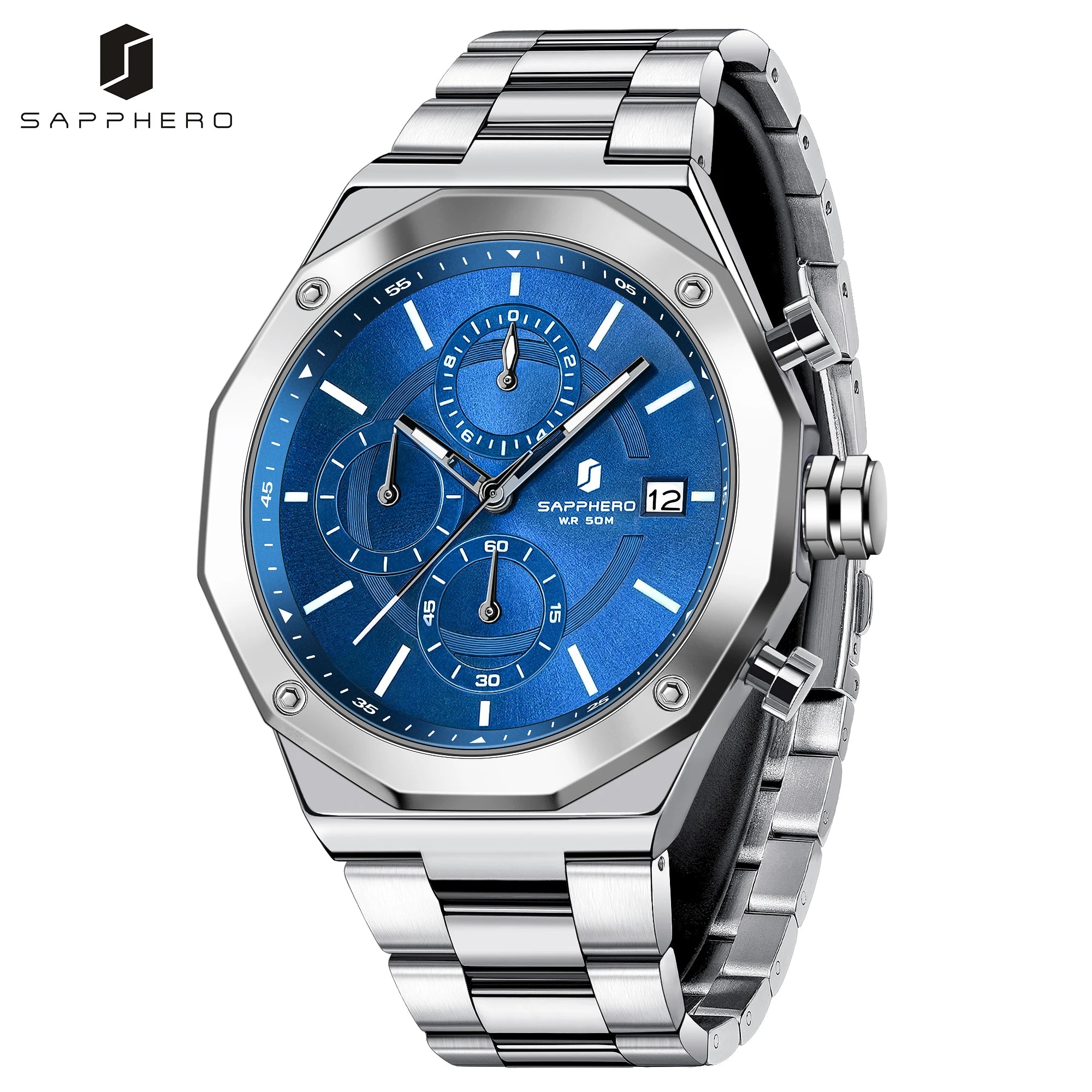 SAPHERO Reloj Cronógrafo Hombre de Cuarzo 5ATM Impermeable Acero Inoxidable con Fecha, Regalo Perfecto para Padre, Esposo, Novio para Navidad, Cumpleaños, San Valentín