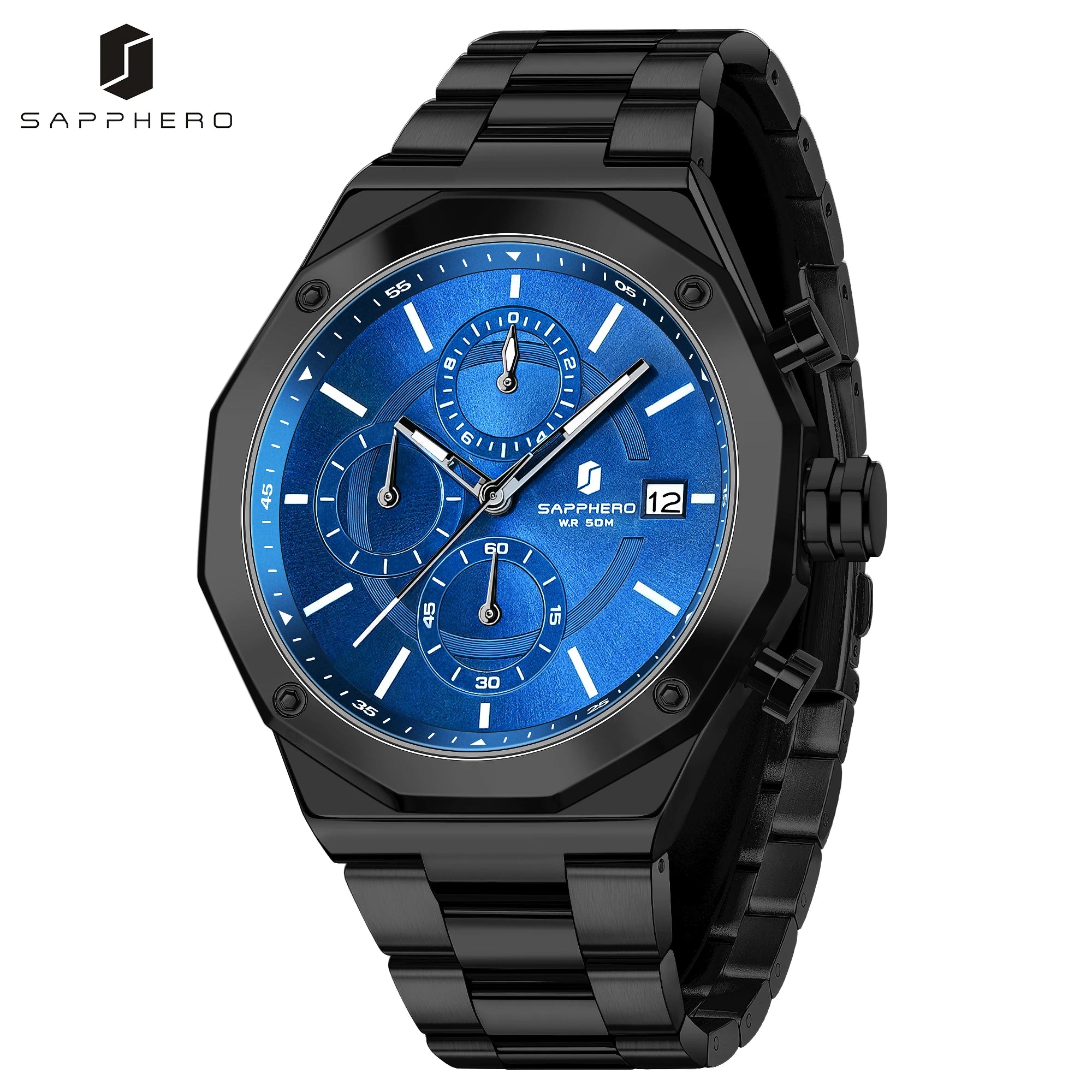 SAPHERO Reloj Cronógrafo Hombre de Cuarzo 5ATM Impermeable Acero Inoxidable con Fecha, Regalo Perfecto para Padre, Esposo, Novio para Navidad, Cumpleaños, San Valentín