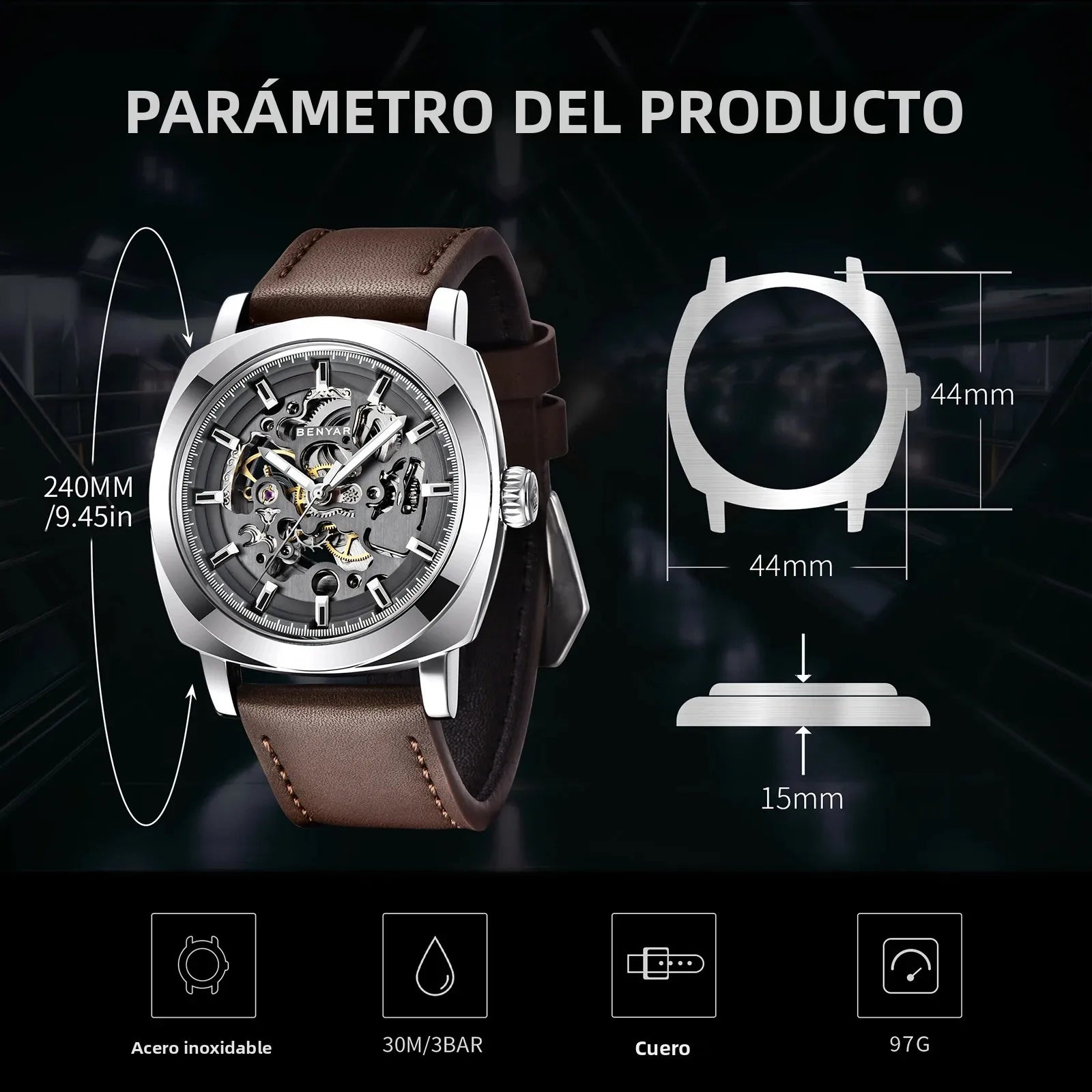 BENYAR Reloj Automático Hombre Esqueleto Esfera Lujo Mecánico Correa de Cuero 44mm Impermeable 30M Reloj Deportivo Elegante Negocios Regalo Hombre