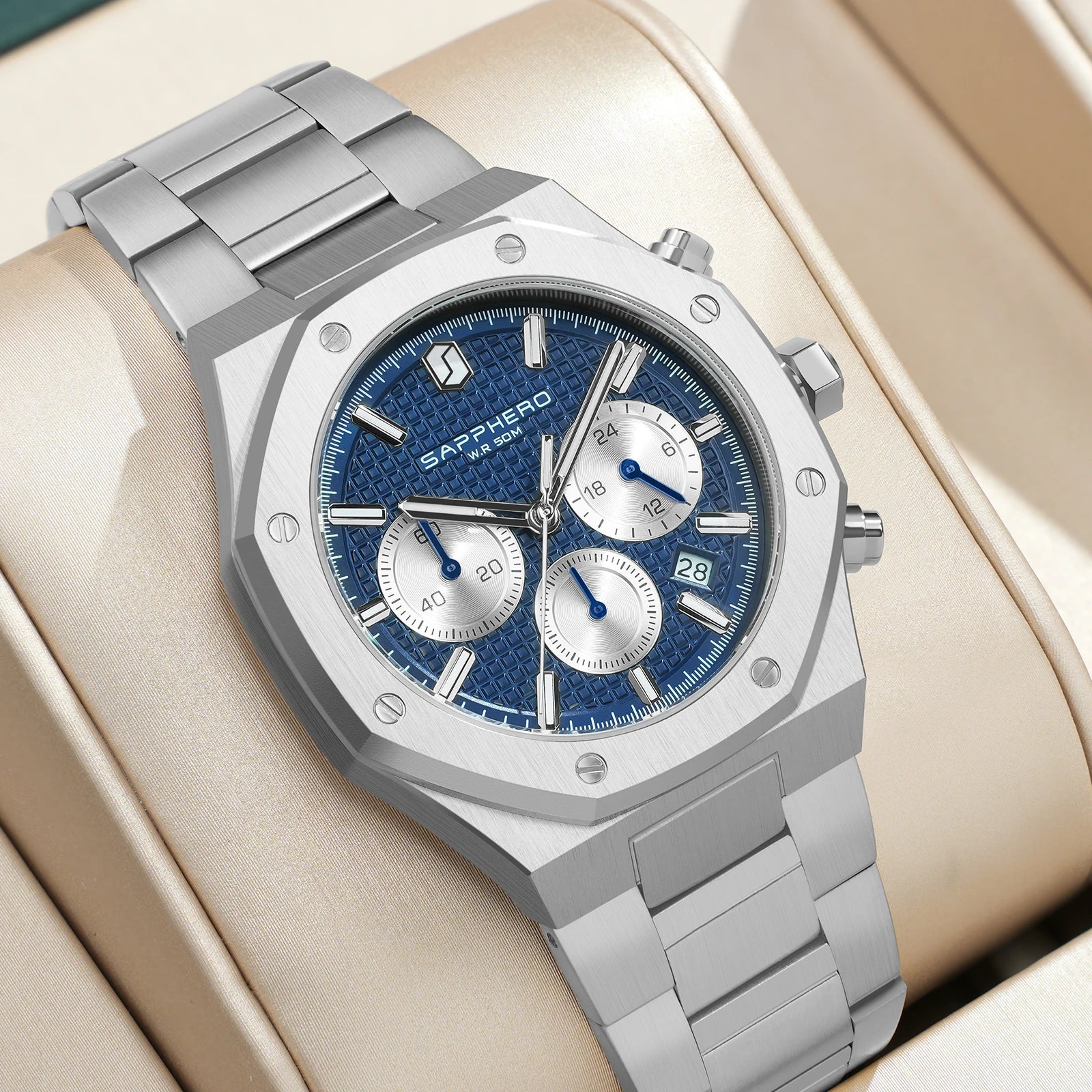 SAPPHERO Reloj Cronógrafo Hombre Cuarzo Resistente al Agua 50M Correa Acero Inoxidable Lujo Deportivo Negocios Esfera Azul Diseño Elegante Alta Precisión Ideal para Uso Diario Oficina y Regalo