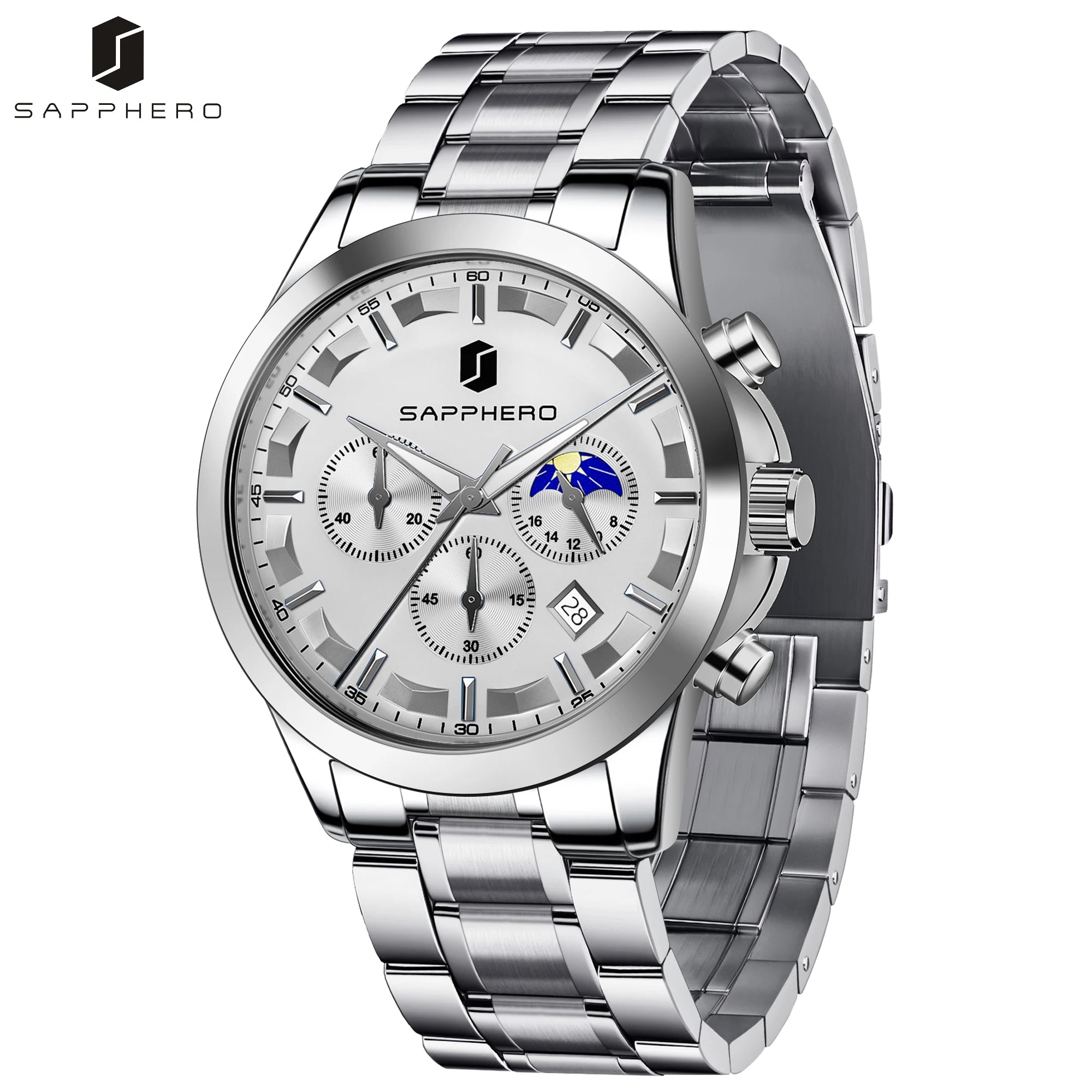 SAPPHERO Reloj Cronógrafo Hombre Lujo Esfera Negra Cristal Hardlex Correa Acero Inoxidable Impermeable 50M Reloj Deportivo Elegante Negocios Regalo Hombre Estilo Casual Uso Diario