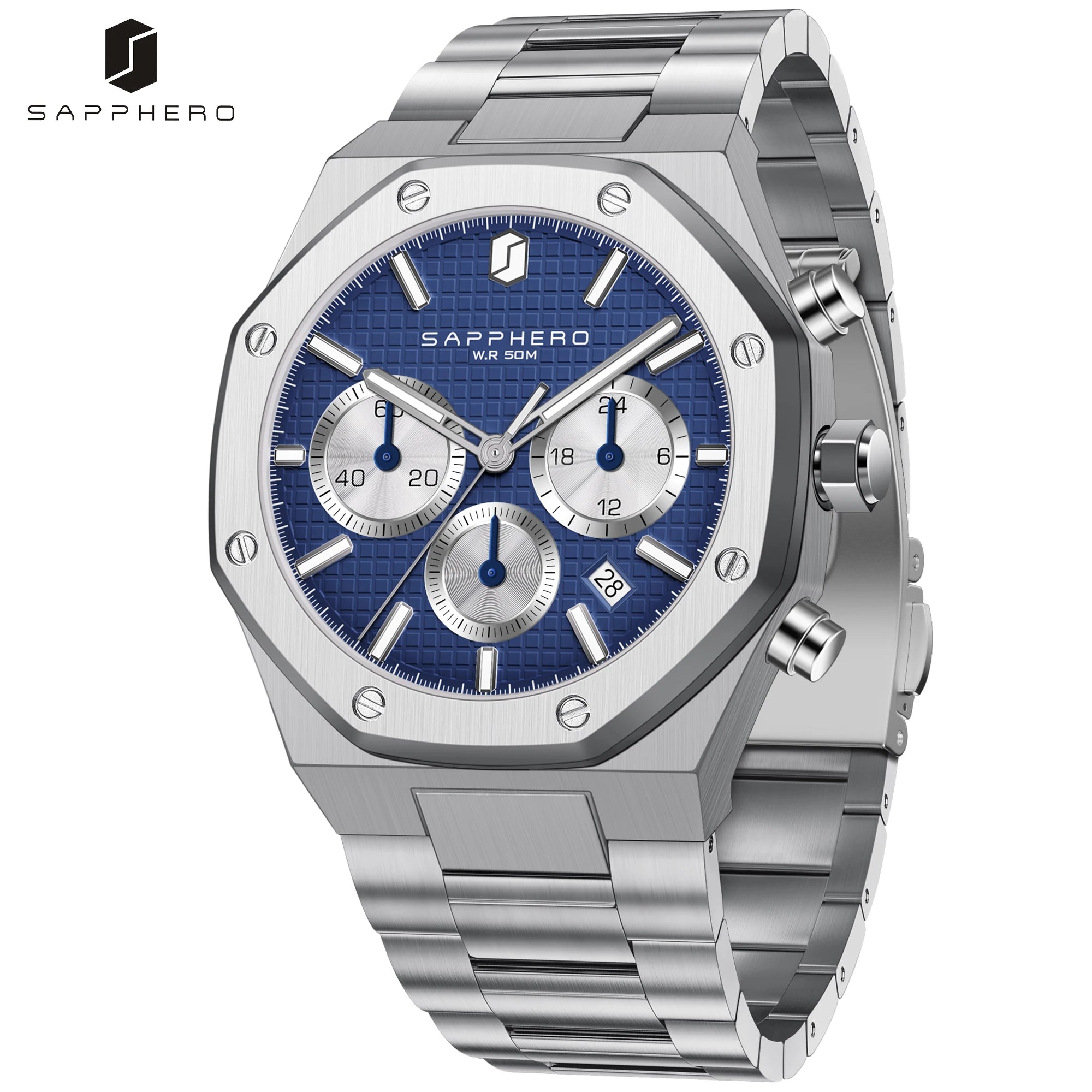SAPPHERO Reloj Cronógrafo Hombre Cuarzo Resistente al Agua 50M Correa Acero Inoxidable Lujo Deportivo Negocios Esfera Azul Diseño Elegante Alta Precisión Ideal para Uso Diario Oficina y Regalo