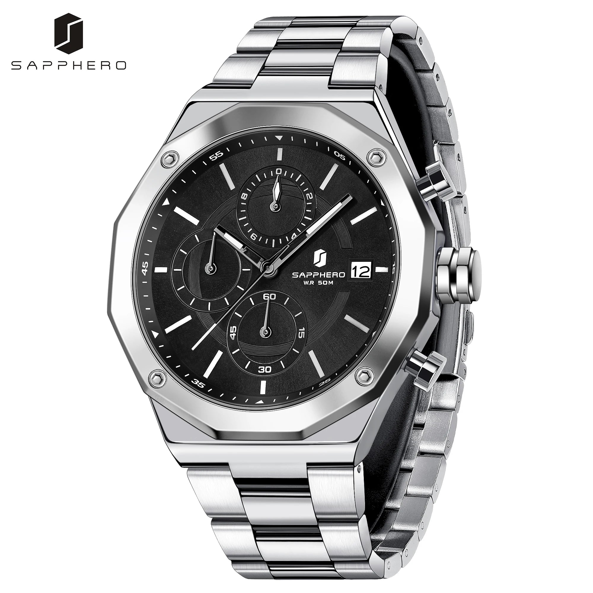 SAPHERO Reloj Cronógrafo Hombre de Cuarzo 5ATM Impermeable Acero Inoxidable con Fecha, Regalo Perfecto para Padre, Esposo, Novio para Navidad, Cumpleaños, San Valentín