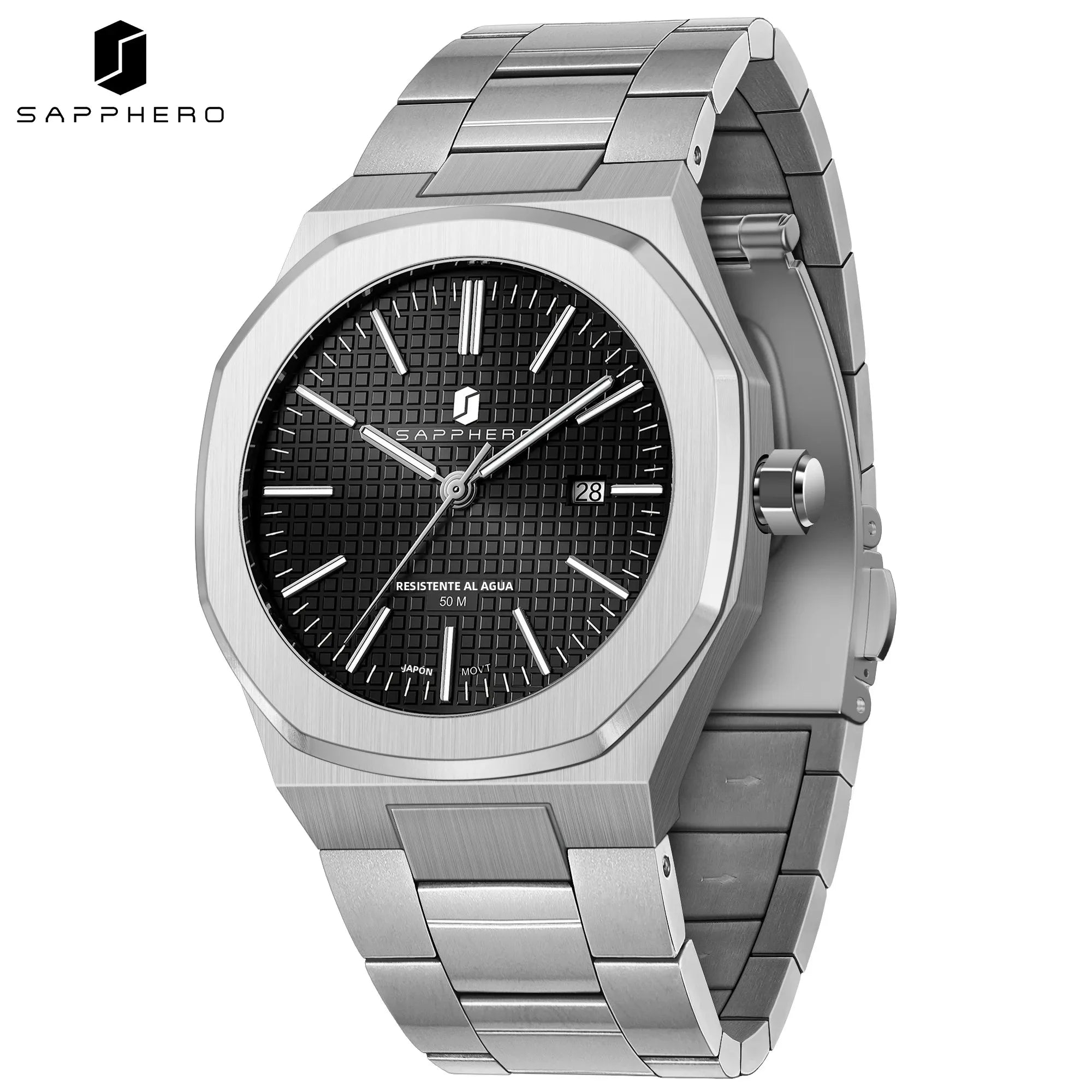 Reloj de cuarzo SAPPHERO para hombre, de acero inoxidable, resistente al agua hasta 50M, con indicador de fecha, manecillas luminosas, reloj de pulsera elegante para negocios, regalo duradero