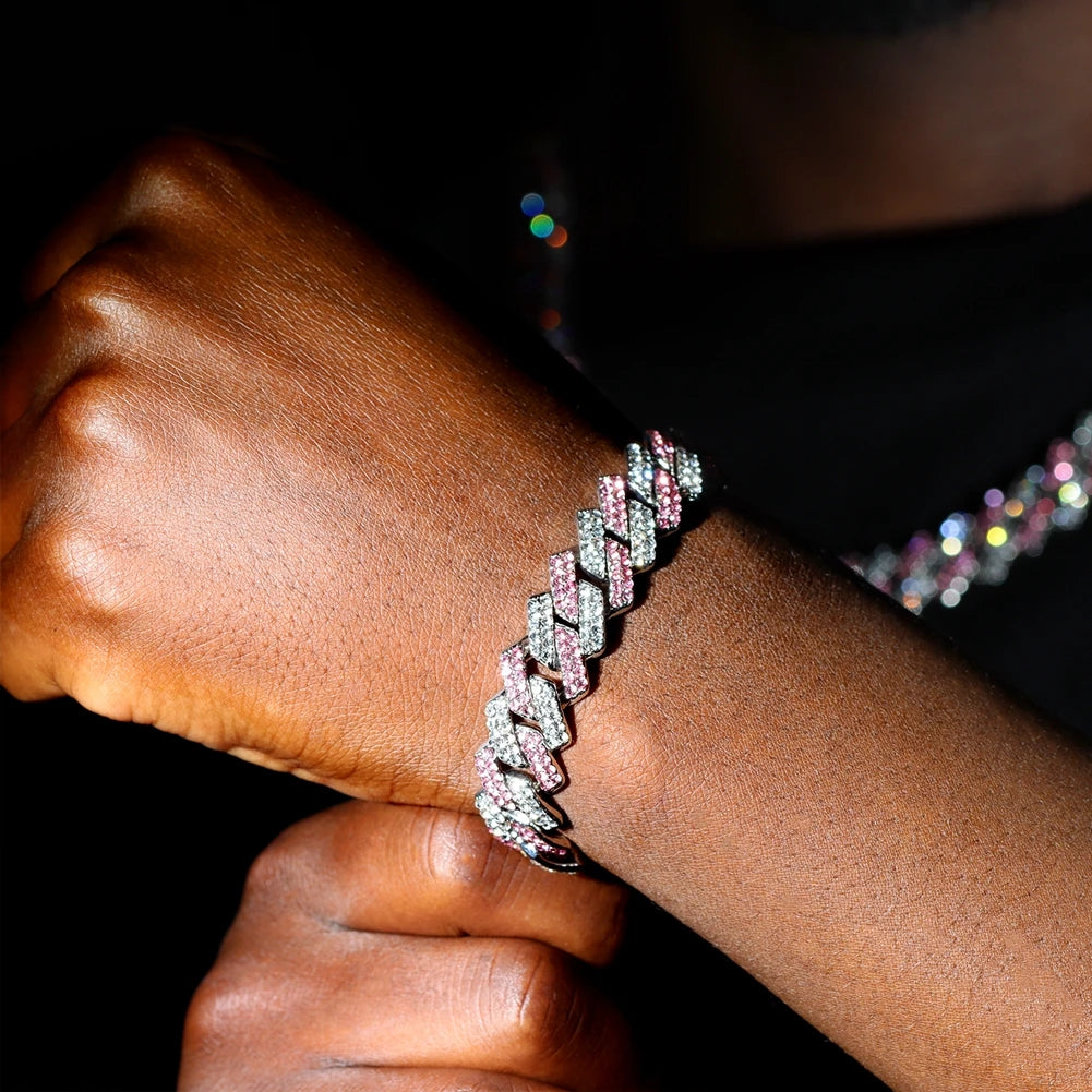 Pulseras de cadena cubana con eslabones helados de 14MM para hombres y mujeres, diamantes de imitación completos, pulsera cubana gruesa de Miami, regalo de joyería Punk Hip Hop