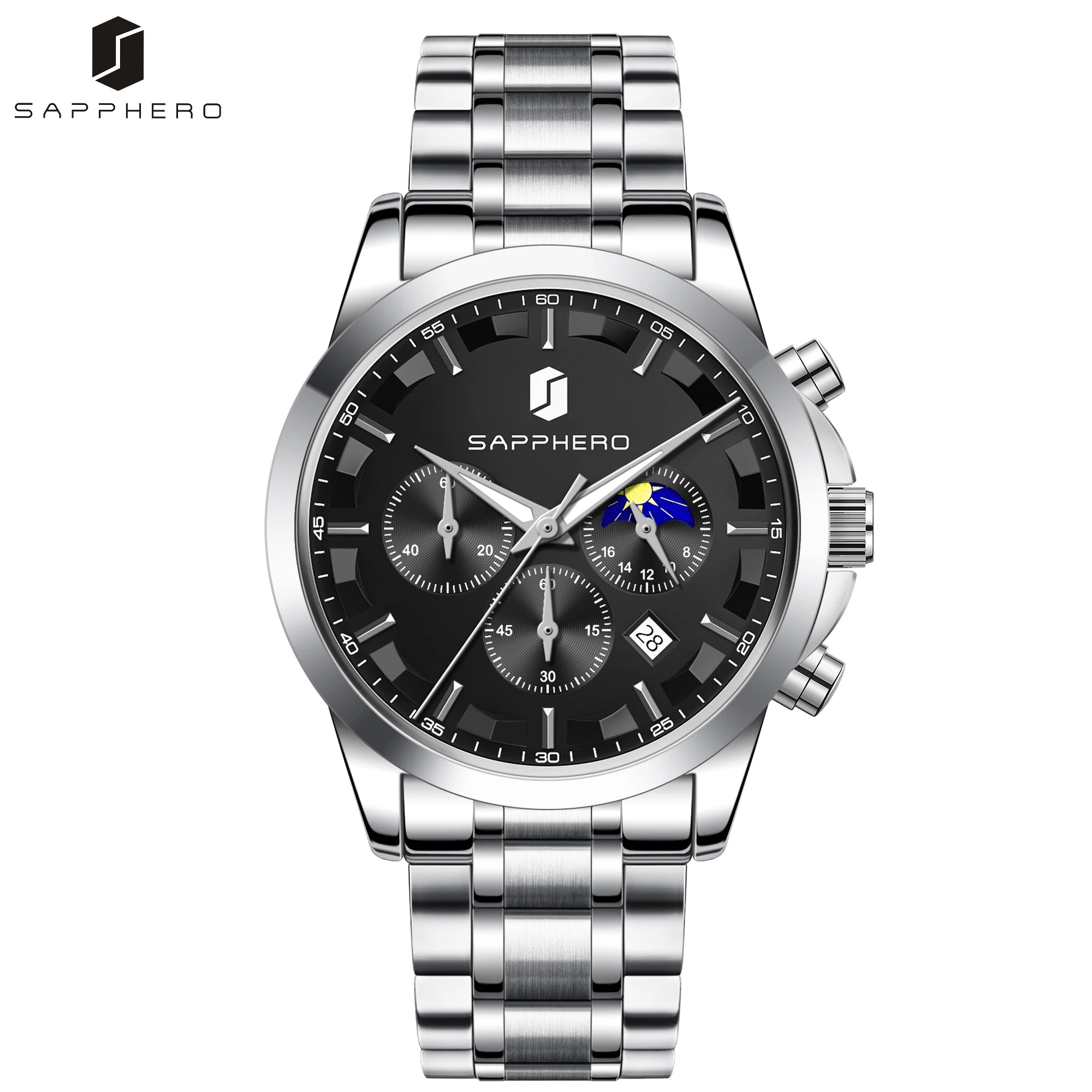 SAPPHERO Reloj Cronógrafo Hombre Lujo Esfera Negra Cristal Hardlex Correa Acero Inoxidable Impermeable 50M Reloj Deportivo Elegante Negocios Regalo Hombre Estilo Casual Uso Diario