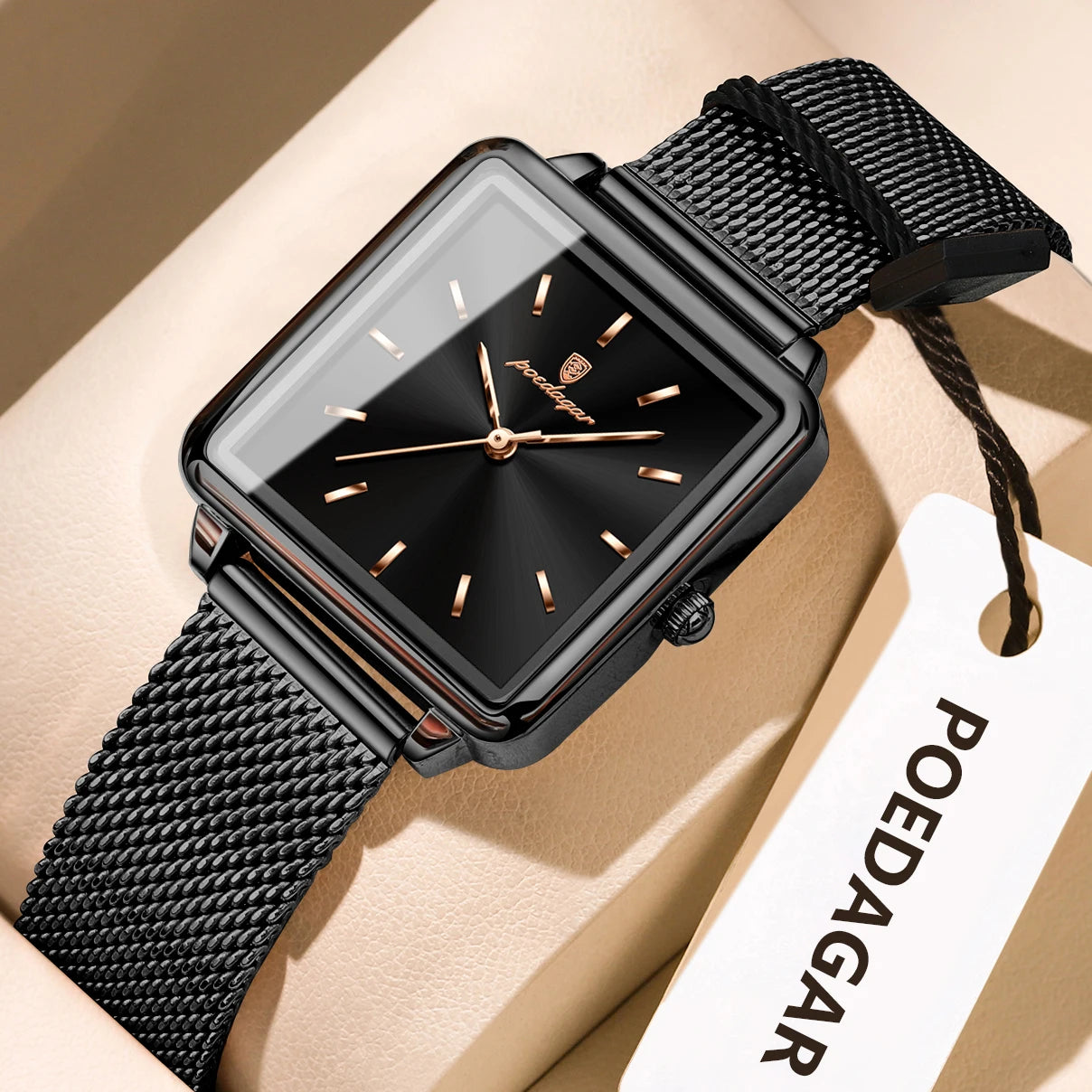 POEDAGAR Reloj cuadrado de moda para mujer, Reloj de malla de acero inoxidable resistente al agua para mujer, relojes de cuarzo elegantes para mujer, Reloj femenino