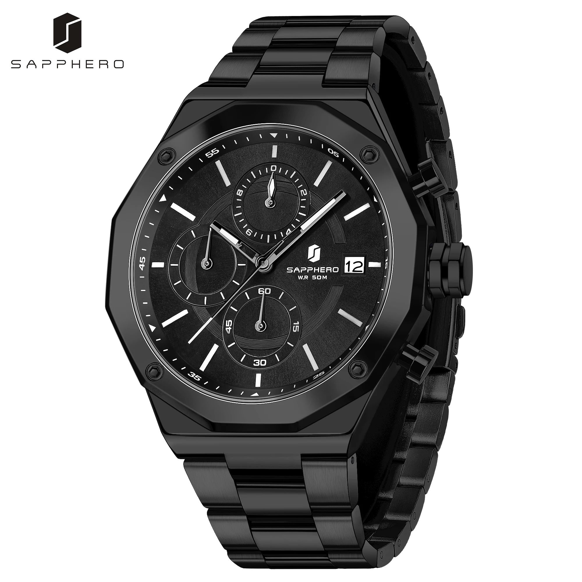 SAPHERO Reloj Cronógrafo Hombre de Cuarzo 5ATM Impermeable Acero Inoxidable con Fecha, Regalo Perfecto para Padre, Esposo, Novio para Navidad, Cumpleaños, San Valentín