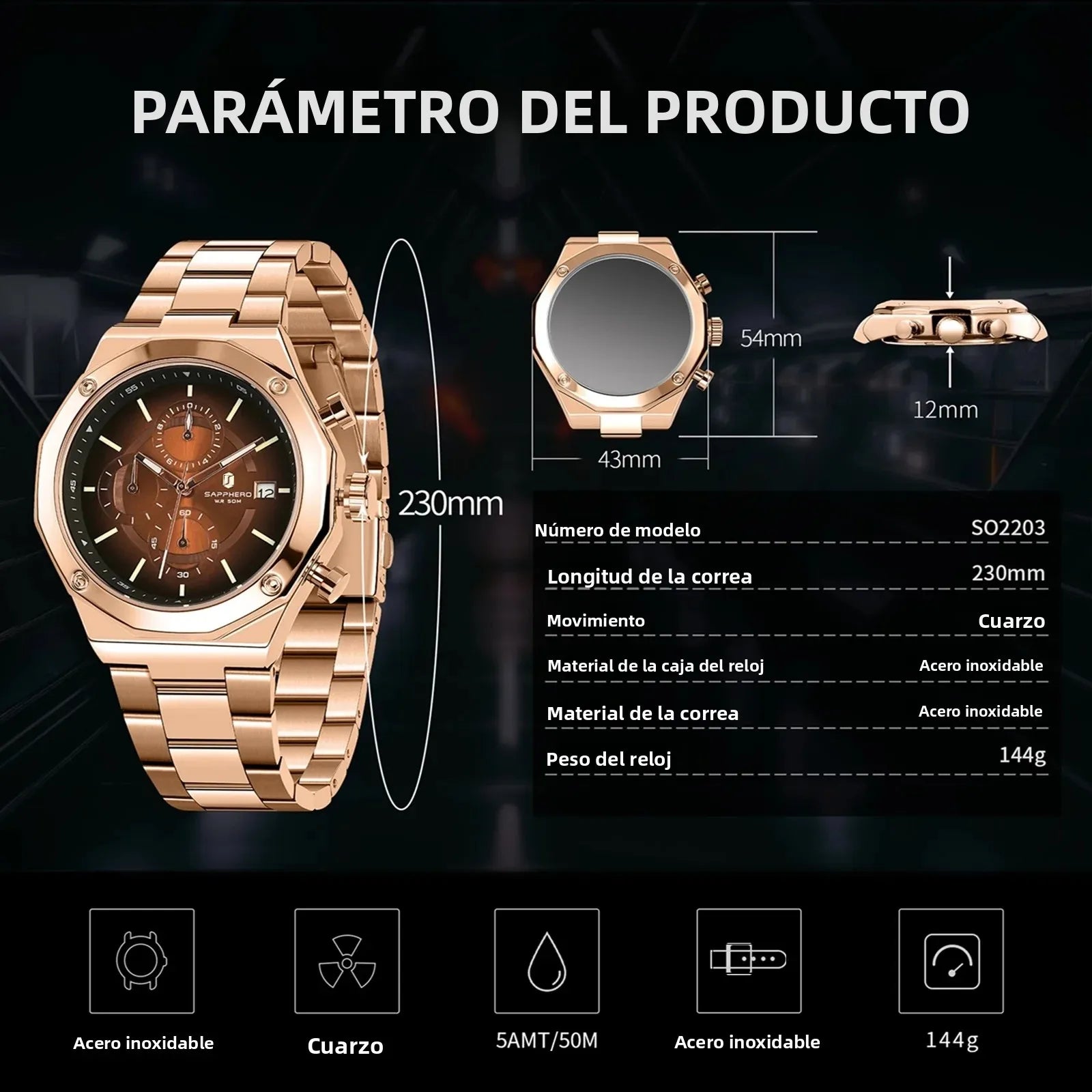 SAPHERO Reloj Cronógrafo Hombre de Cuarzo 5ATM Impermeable Acero Inoxidable con Fecha, Regalo Perfecto para Padre, Esposo, Novio para Navidad, Cumpleaños, San Valentín