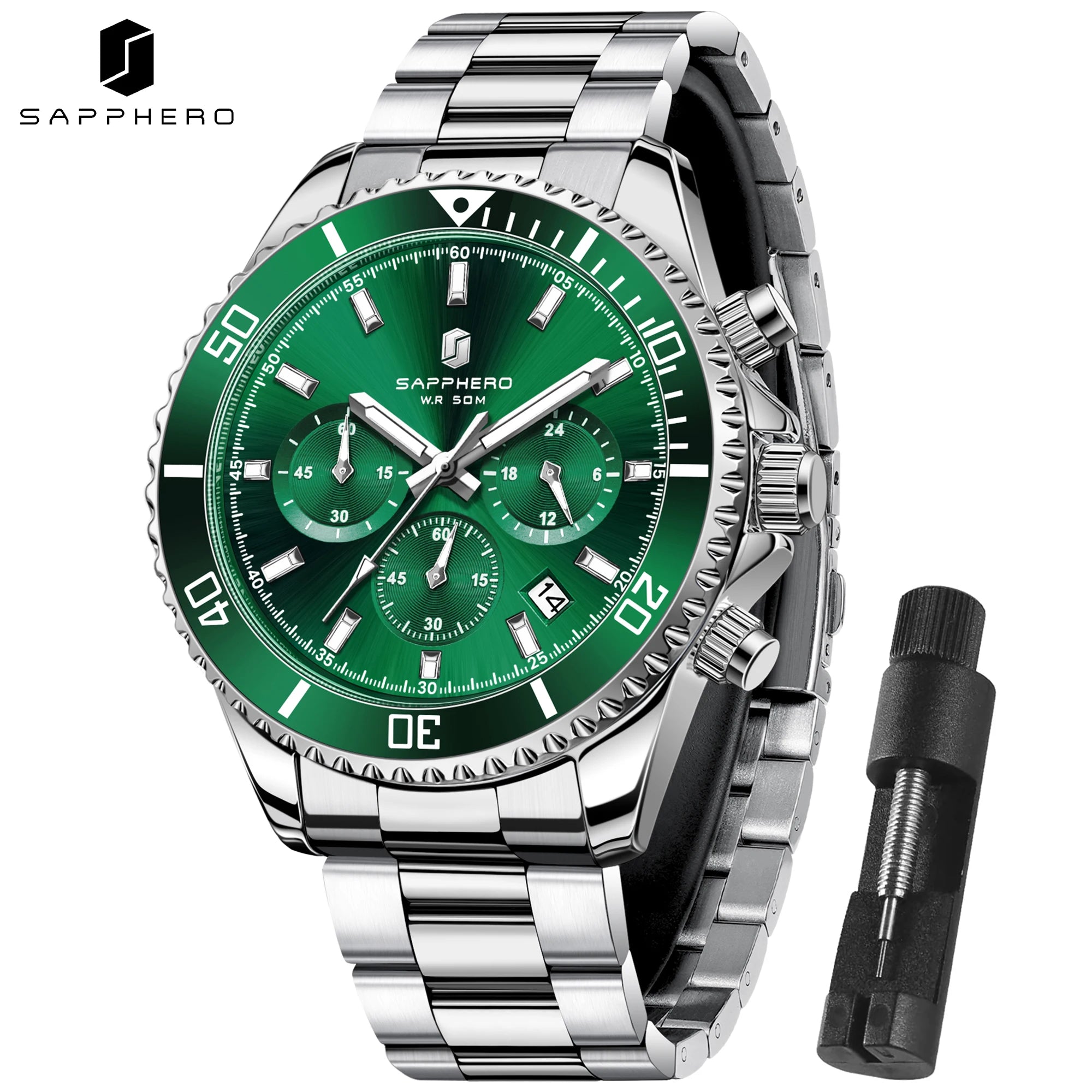 SAPPHERO Reloj Hombre Cuarzo Lujo Cronógrafo Deportivo Acero Inoxidable Impermeable 50M Fecha Luminoso Reloj Elegante Negocios