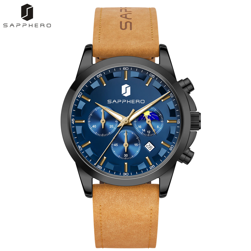 SAPPHERO Reloj Cronógrafo de Cuarzo para Hombre, Impermeable 5ATM, Cristal Hardlex, Correa de Cuero, Reloj Deportivo, Regalo Perfecto para Hombres