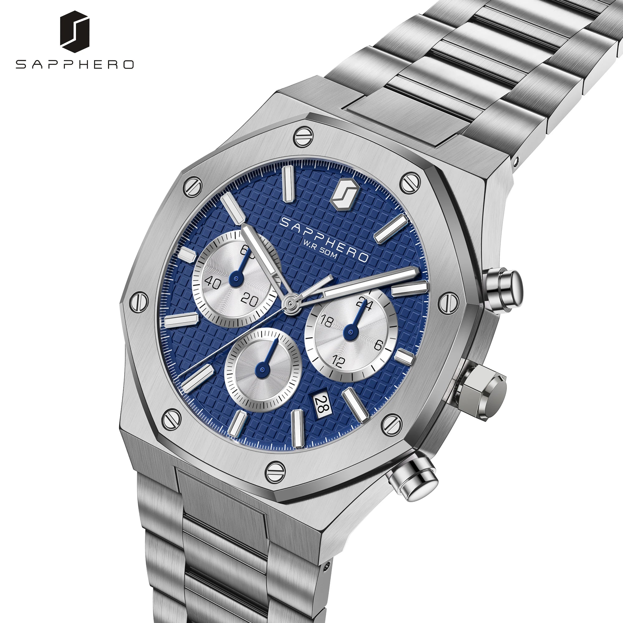 SAPPHERO Reloj Cronógrafo Hombre Cuarzo Resistente al Agua 50M Correa Acero Inoxidable Lujo Deportivo Negocios Esfera Azul Diseño Elegante Alta Precisión Ideal para Uso Diario Oficina y Regalo