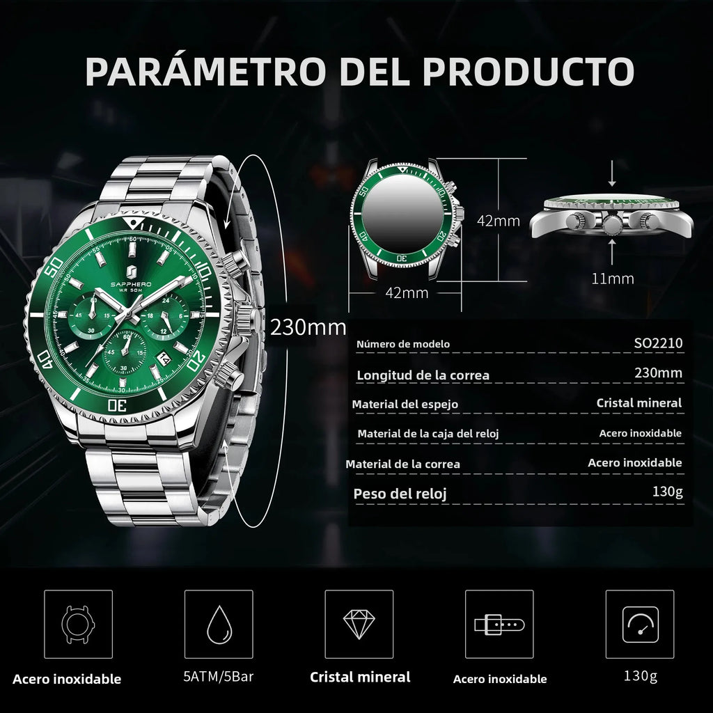 SAPPHERO Reloj Hombre Cuarzo Lujo Cronógrafo Deportivo Acero Inoxidable Impermeable 50M Fecha Luminoso Reloj Elegante Negocios