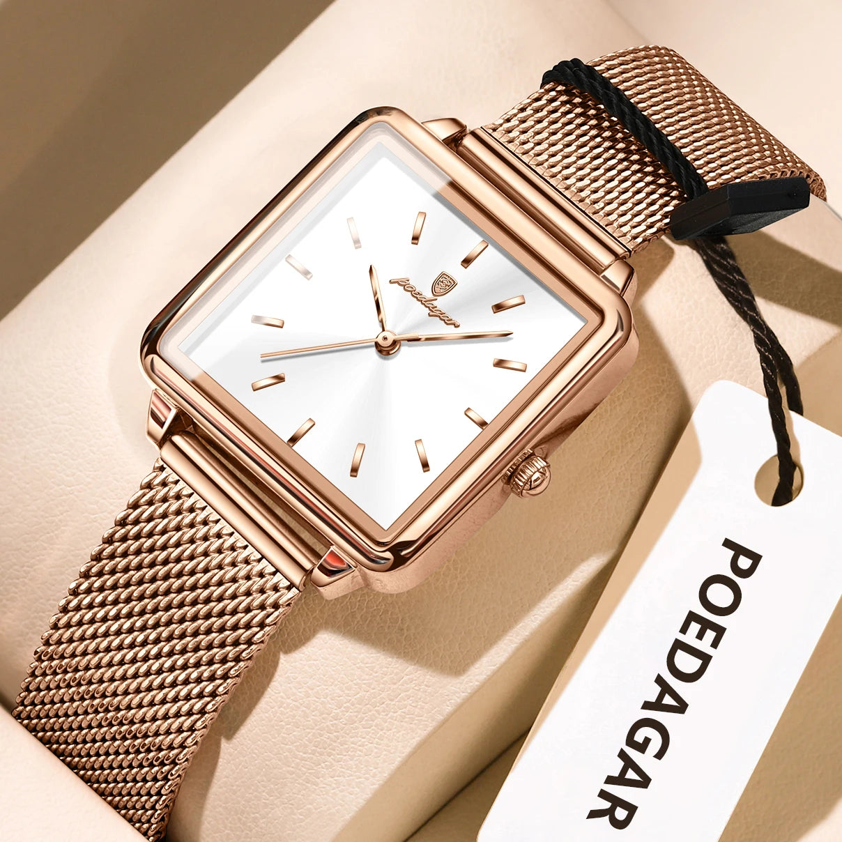 POEDAGAR Reloj cuadrado de moda para mujer, Reloj de malla de acero inoxidable resistente al agua para mujer, relojes de cuarzo elegantes para mujer, Reloj femenino