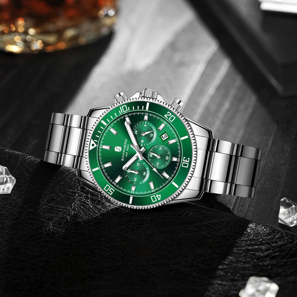 SAPPHERO Reloj Hombre Cuarzo Lujo Cronógrafo Deportivo Acero Inoxidable Impermeable 50M Fecha Luminoso Reloj Elegante Negocios