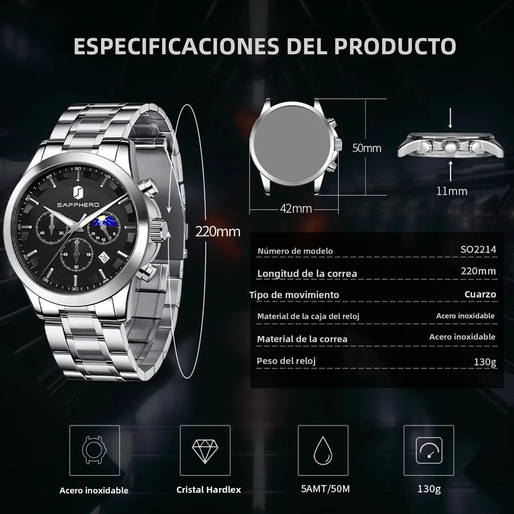 SAPPHERO Reloj Cronógrafo Hombre Lujo Esfera Negra Cristal Hardlex Correa Acero Inoxidable Impermeable 50M Reloj Deportivo Elegante Negocios Regalo Hombre Estilo Casual Uso Diario