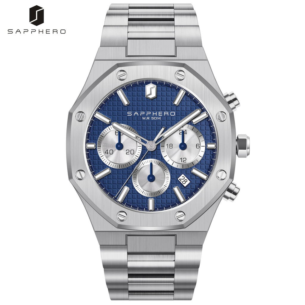 SAPPHERO Reloj Cronógrafo Hombre Cuarzo Resistente al Agua 50M Correa Acero Inoxidable Lujo Deportivo Negocios Esfera Azul Diseño Elegante Alta Precisión Ideal para Uso Diario Oficina y Regalo