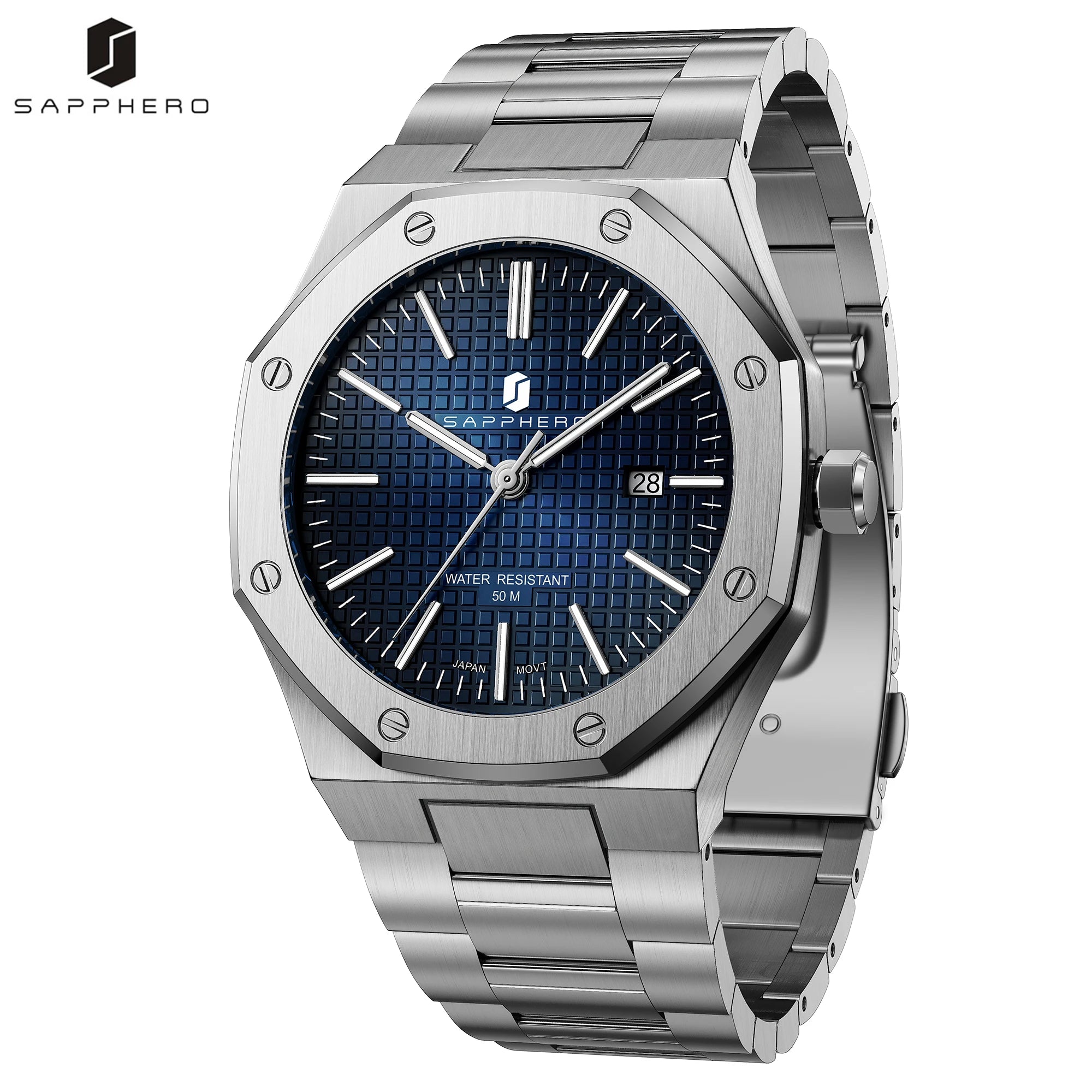 SAPPHERO Reloj analógico hombre, acero inoxidable movimiento cuarzo alta precisión, visualización fecha, impermeable 50M, estilo negocio casual, resistente arañazos duradero, regalo ideal cumpleaños fiesta uso diario l