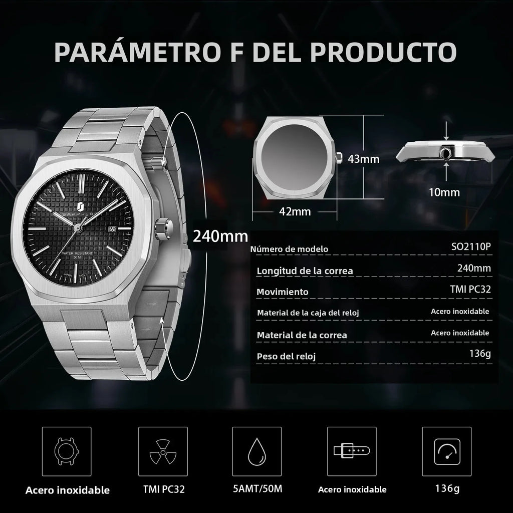 Reloj de cuarzo SAPPHERO para hombre, de acero inoxidable, resistente al agua hasta 50M, con indicador de fecha, manecillas luminosas, reloj de pulsera elegante para negocios, regalo duradero