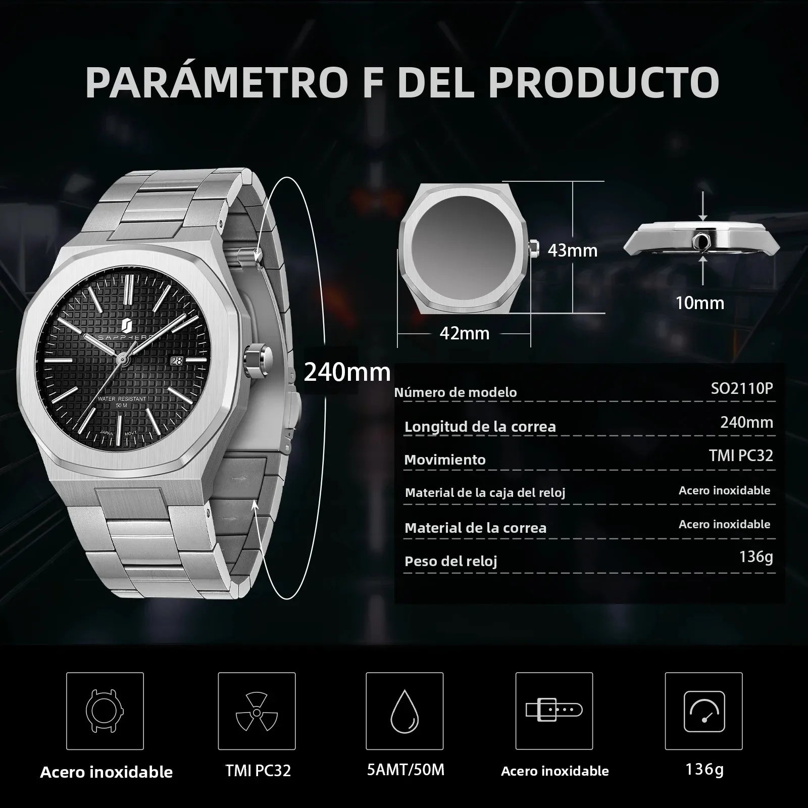 Reloj de cuarzo SAPPHERO para hombre, de acero inoxidable, resistente al agua hasta 50M, con indicador de fecha, manecillas luminosas, reloj de pulsera elegante para negocios, regalo duradero