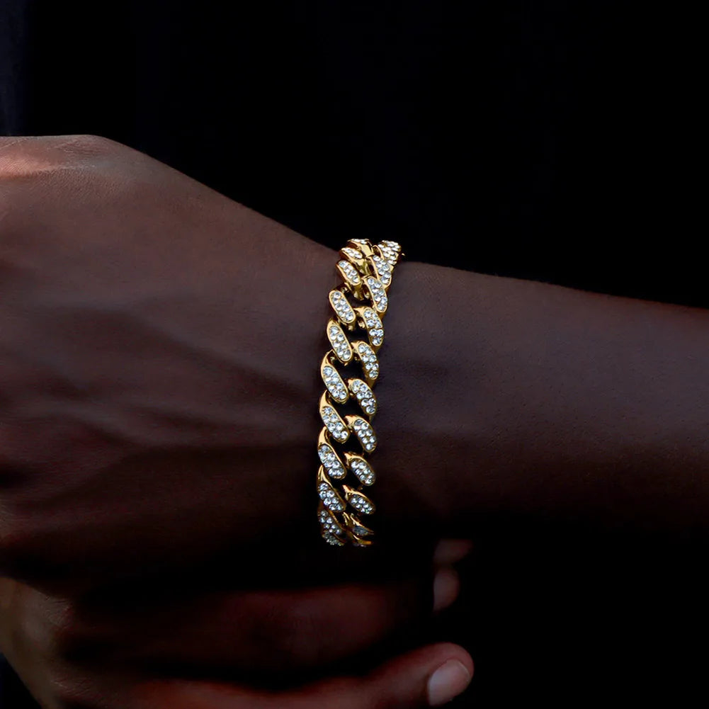 Pulseras de cadena cubana con eslabones helados de 14MM para hombres y mujeres, diamantes de imitación completos, pulsera cubana gruesa de Miami, regalo de joyería Punk Hip Hop
