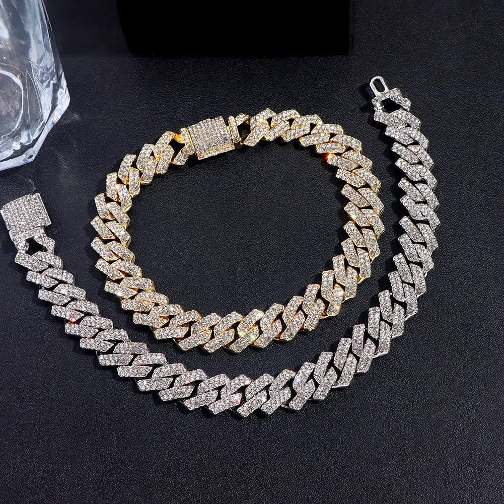 Pulseras de cadena cubana con eslabones helados de 14MM para hombres y mujeres, diamantes de imitación completos, pulsera cubana gruesa de Miami, regalo de joyería Punk Hip Hop
