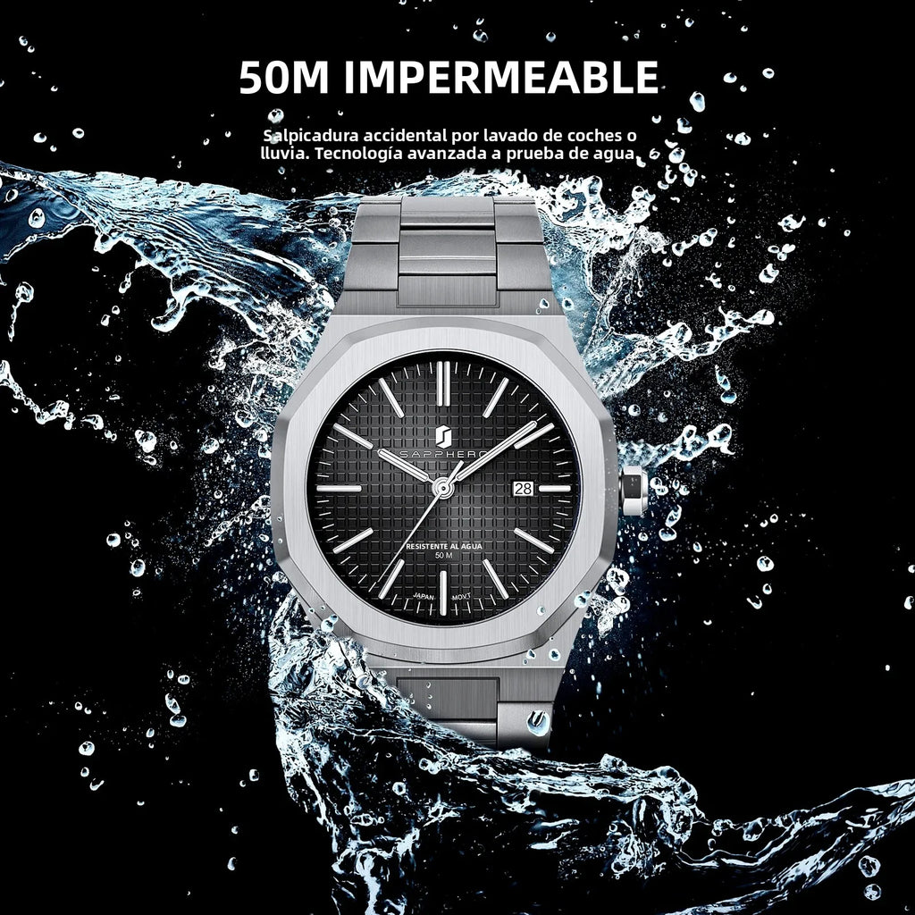 Reloj de cuarzo SAPPHERO para hombre, de acero inoxidable, resistente al agua hasta 50M, con indicador de fecha, manecillas luminosas, reloj de pulsera elegante para negocios, regalo duradero