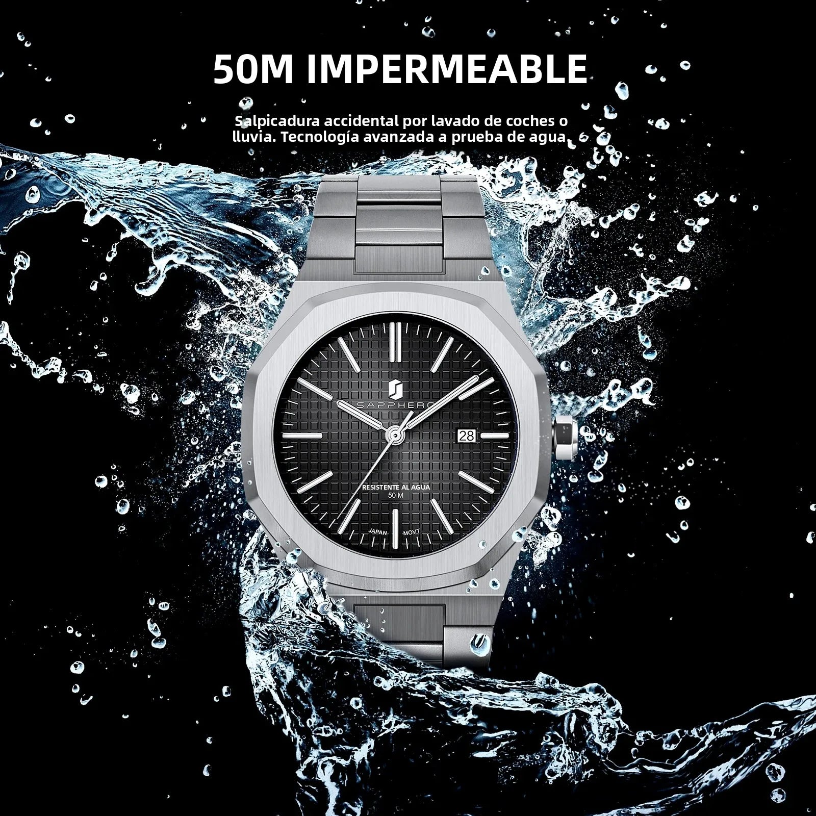 Reloj de cuarzo SAPPHERO para hombre, de acero inoxidable, resistente al agua hasta 50M, con indicador de fecha, manecillas luminosas, reloj de pulsera elegante para negocios, regalo duradero