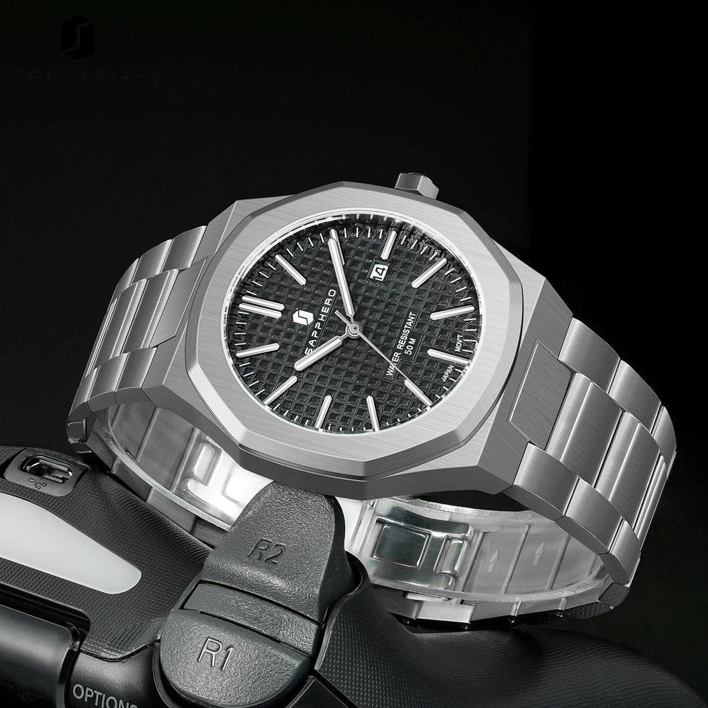 Reloj de cuarzo SAPPHERO para hombre, de acero inoxidable, resistente al agua hasta 50M, con indicador de fecha, manecillas luminosas, reloj de pulsera elegante para negocios, regalo duradero