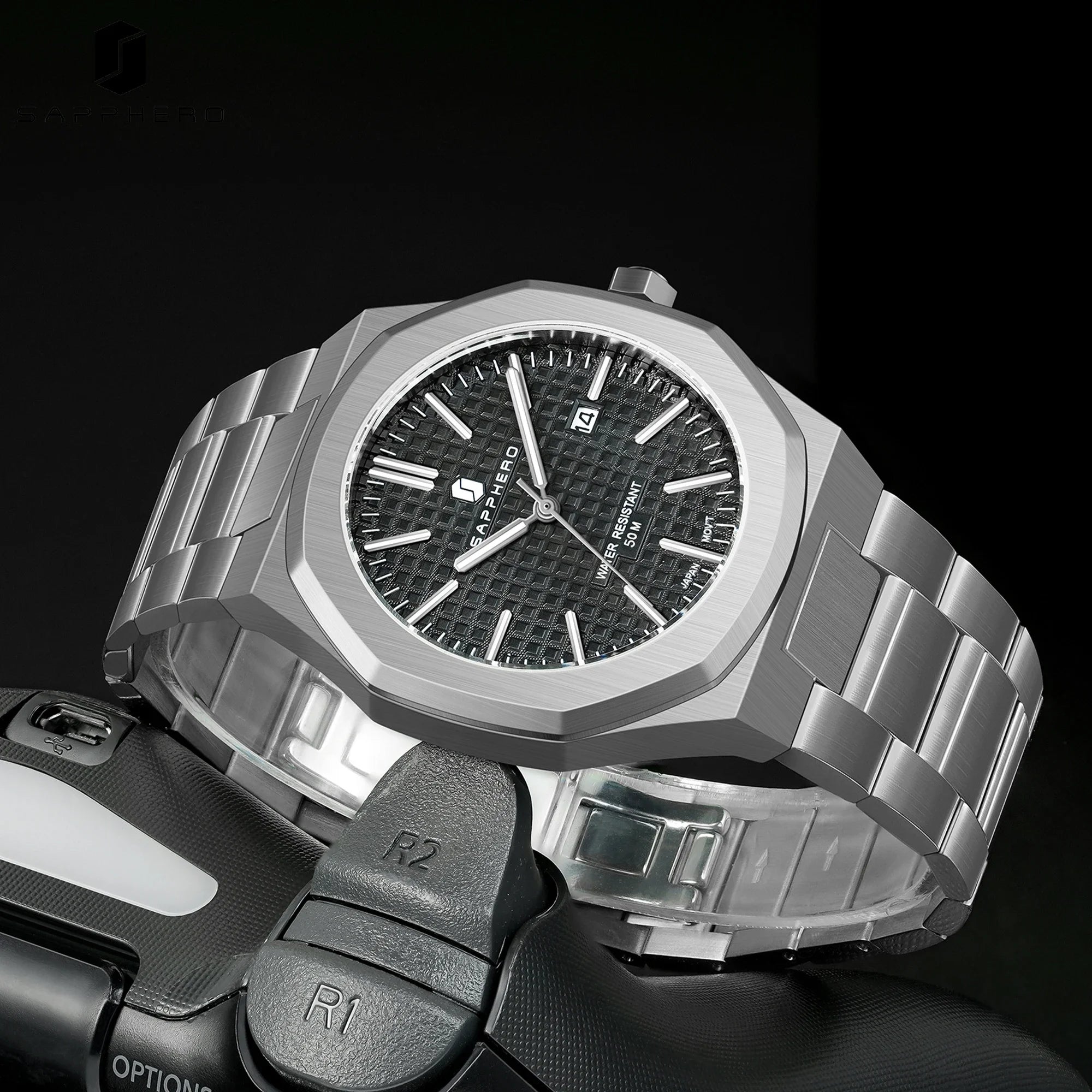 Reloj de cuarzo SAPPHERO para hombre, de acero inoxidable, resistente al agua hasta 50M, con indicador de fecha, manecillas luminosas, reloj de pulsera elegante para negocios, regalo duradero