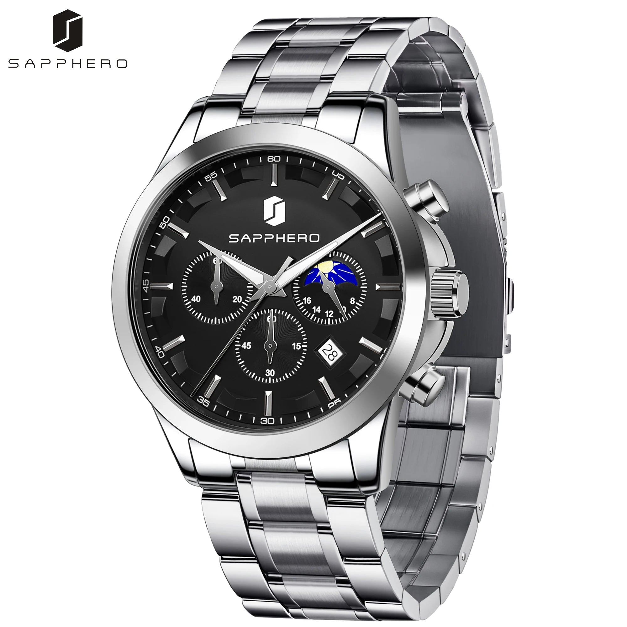 SAPPHERO Reloj Cronógrafo Hombre Lujo Esfera Negra Cristal Hardlex Correa Acero Inoxidable Impermeable 50M Reloj Deportivo Elegante Negocios Regalo Hombre Estilo Casual Uso Diario