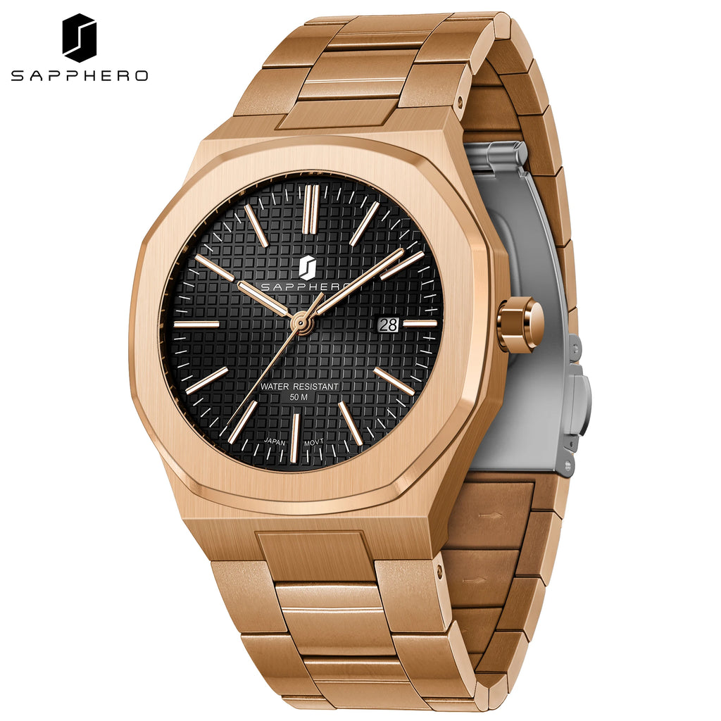 Reloj de cuarzo SAPPHERO para hombre, de acero inoxidable, resistente al agua hasta 50M, con indicador de fecha, manecillas luminosas, reloj de pulsera elegante para negocios, regalo duradero