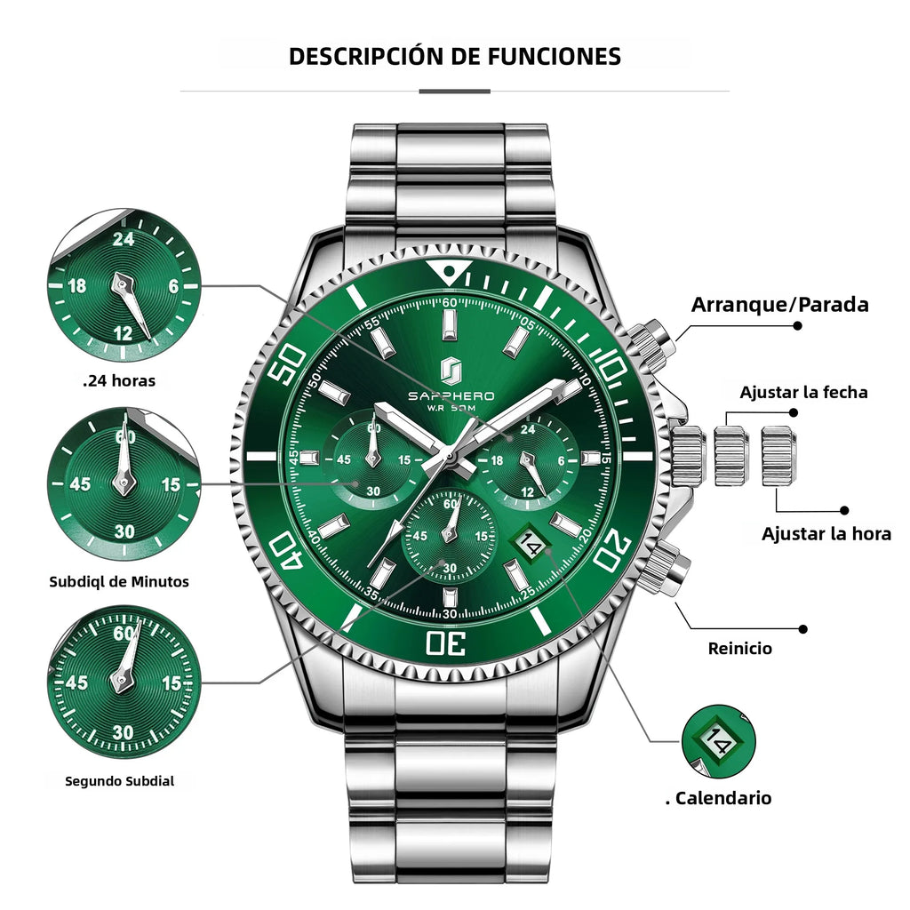 SAPPHERO Reloj Hombre Cuarzo Lujo Cronógrafo Deportivo Acero Inoxidable Impermeable 50M Fecha Luminoso Reloj Elegante Negocios