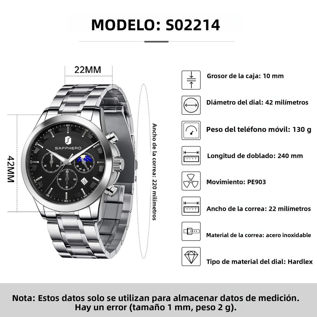 SAPPHERO Reloj Cronógrafo Hombre Lujo Esfera Negra Cristal Hardlex Correa Acero Inoxidable Impermeable 50M Reloj Deportivo Elegante Negocios Regalo Hombre Estilo Casual Uso Diario