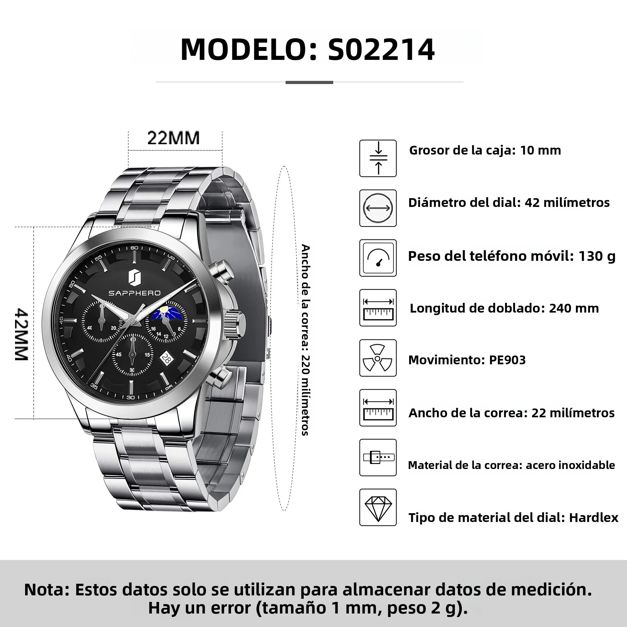 SAPPHERO Reloj Cronógrafo Hombre Lujo Esfera Negra Cristal Hardlex Correa Acero Inoxidable Impermeable 50M Reloj Deportivo Elegante Negocios Regalo Hombre Estilo Casual Uso Diario