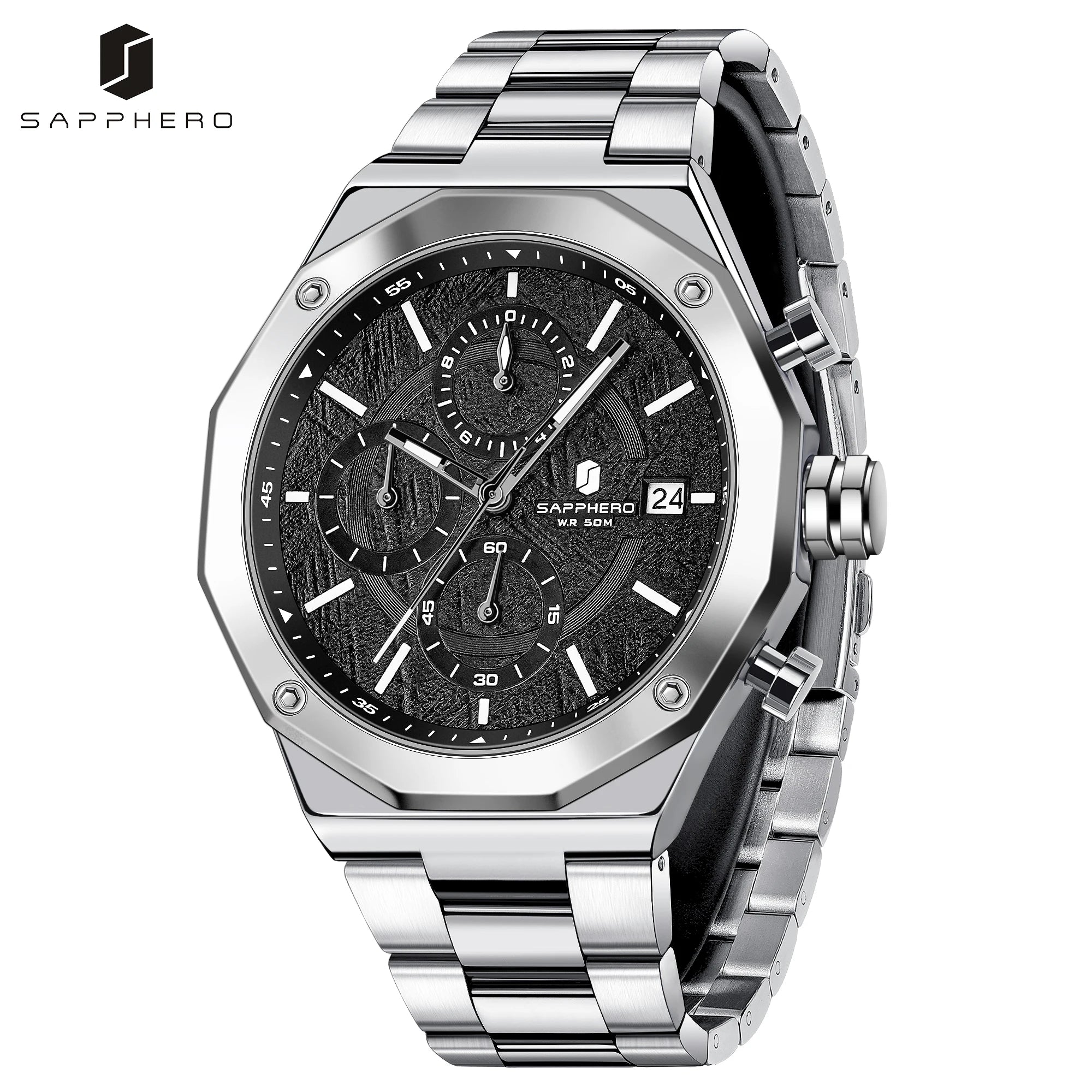 SAPHERO Reloj Cronógrafo Hombre de Cuarzo 5ATM Impermeable Acero Inoxidable con Fecha, Regalo Perfecto para Padre, Esposo, Novio para Navidad, Cumpleaños, San Valentín