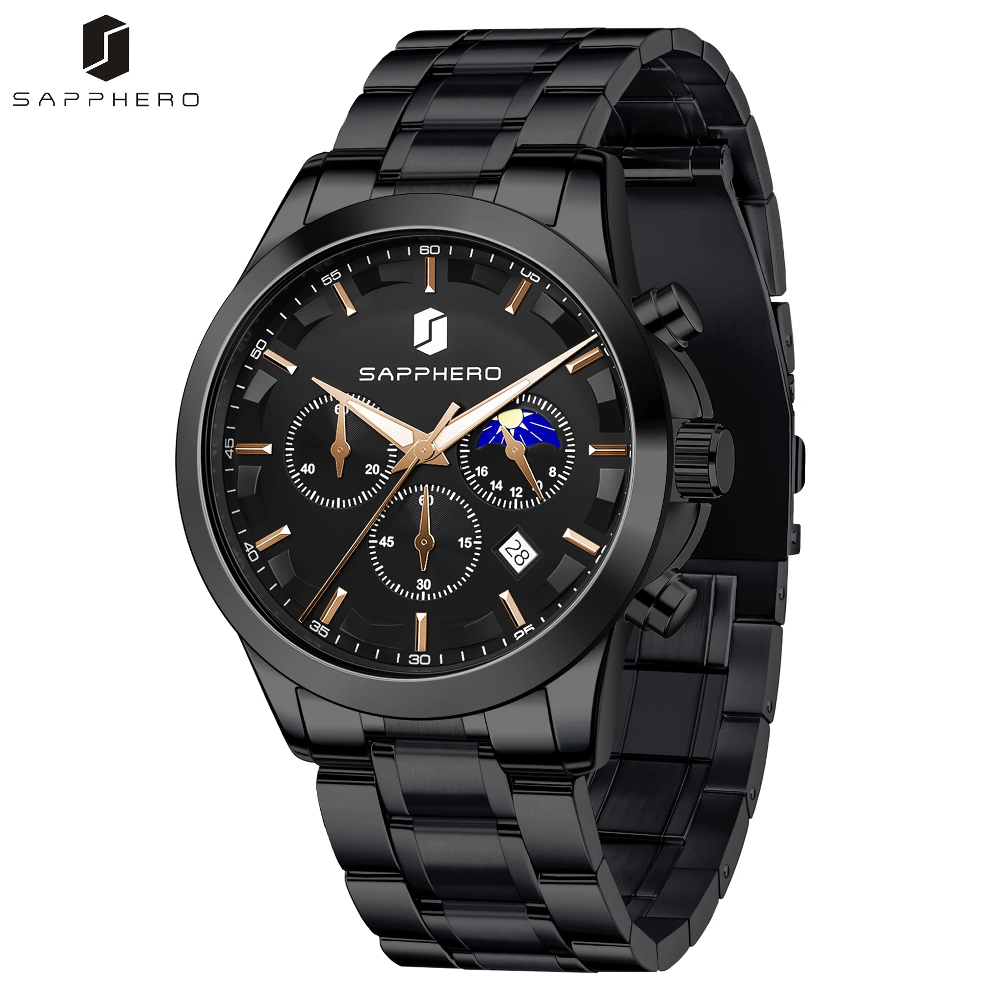SAPPHERO Reloj Cronógrafo Hombre Lujo Esfera Negra Cristal Hardlex Correa Acero Inoxidable Impermeable 50M Reloj Deportivo Elegante Negocios Regalo Hombre Estilo Casual Uso Diario