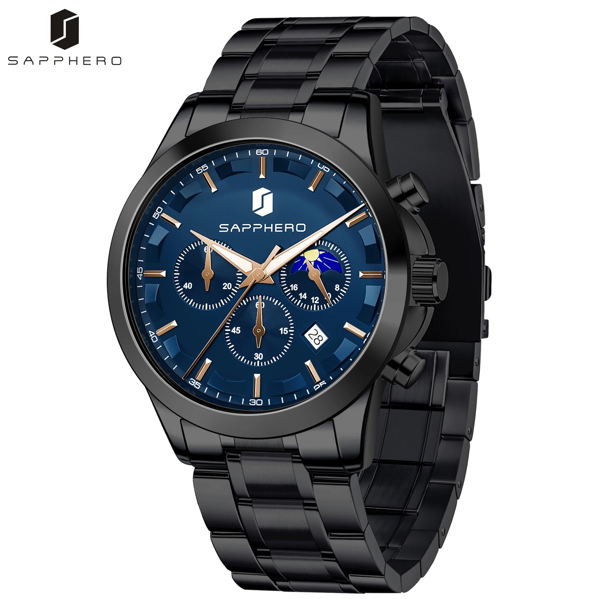 SAPPHERO Reloj Cronógrafo Hombre Lujo Esfera Negra Cristal Hardlex Correa Acero Inoxidable Impermeable 50M Reloj Deportivo Elegante Negocios Regalo Hombre Estilo Casual Uso Diario