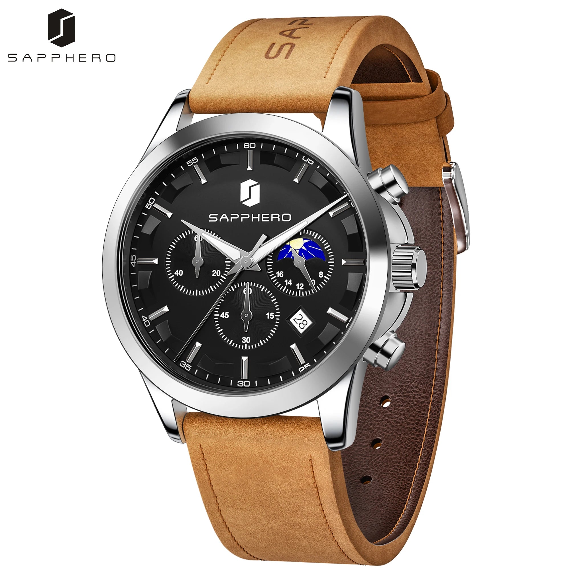 SAPPHERO Reloj Cronógrafo de Cuarzo para Hombre, Impermeable 5ATM, Cristal Hardlex, Correa de Cuero, Reloj Deportivo, Regalo Perfecto para Hombres