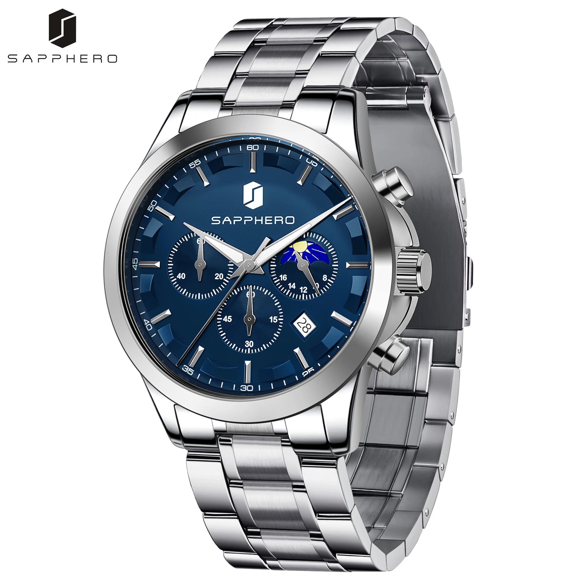 SAPPHERO Reloj Cronógrafo Hombre Lujo Esfera Negra Cristal Hardlex Correa Acero Inoxidable Impermeable 50M Reloj Deportivo Elegante Negocios Regalo Hombre Estilo Casual Uso Diario