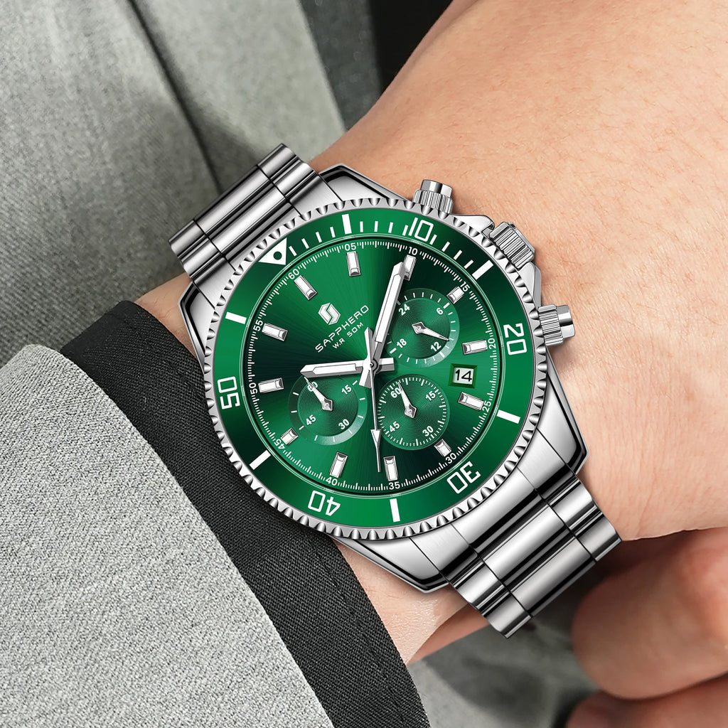 SAPPHERO Reloj Hombre Cuarzo Lujo Cronógrafo Deportivo Acero Inoxidable Impermeable 50M Fecha Luminoso Reloj Elegante Negocios