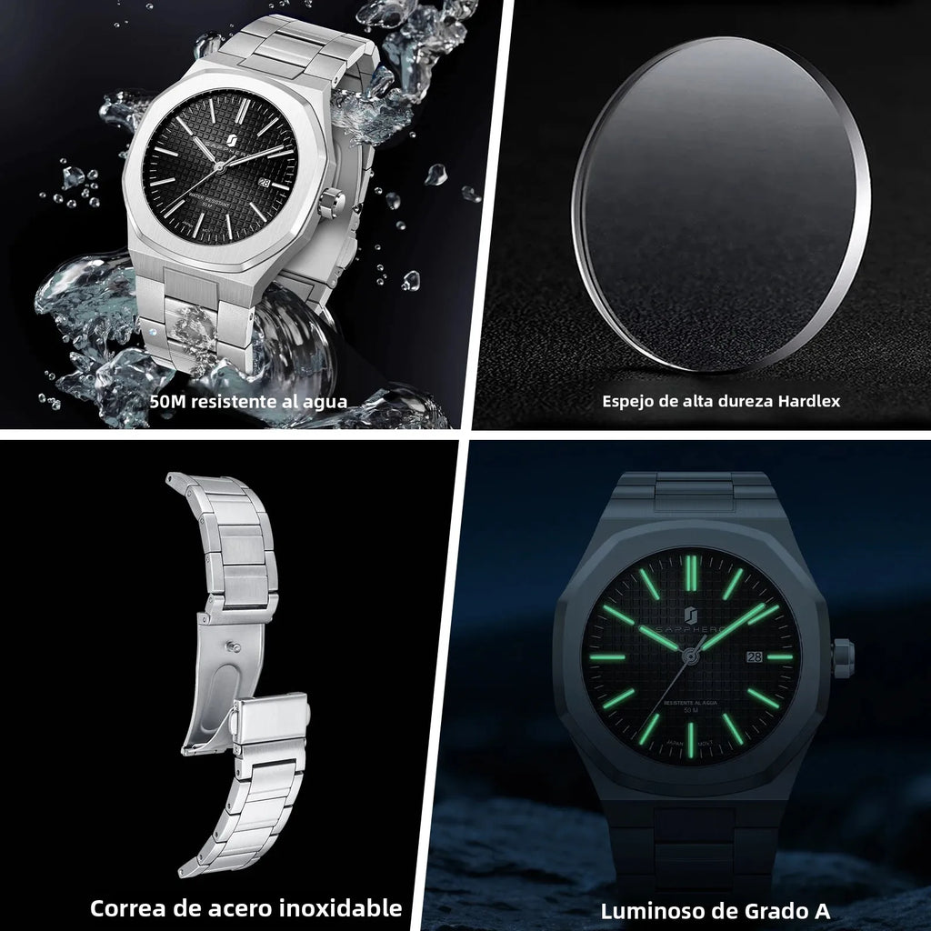 Reloj de cuarzo SAPPHERO para hombre, de acero inoxidable, resistente al agua hasta 50M, con indicador de fecha, manecillas luminosas, reloj de pulsera elegante para negocios, regalo duradero