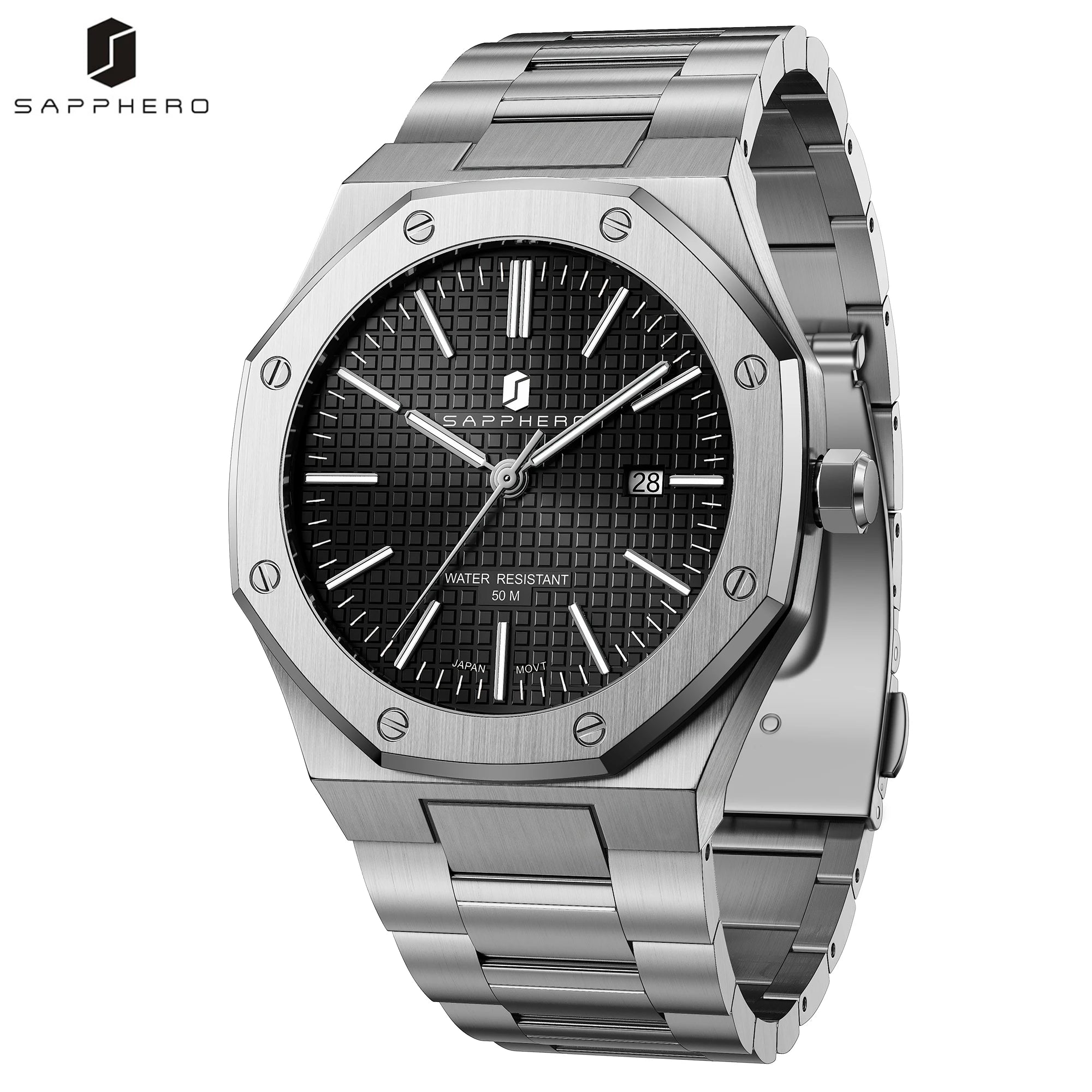 SAPPHERO Reloj analógico hombre, acero inoxidable movimiento cuarzo alta precisión, visualización fecha, impermeable 50M, estilo negocio casual, resistente arañazos duradero, regalo ideal cumpleaños fiesta uso diario l