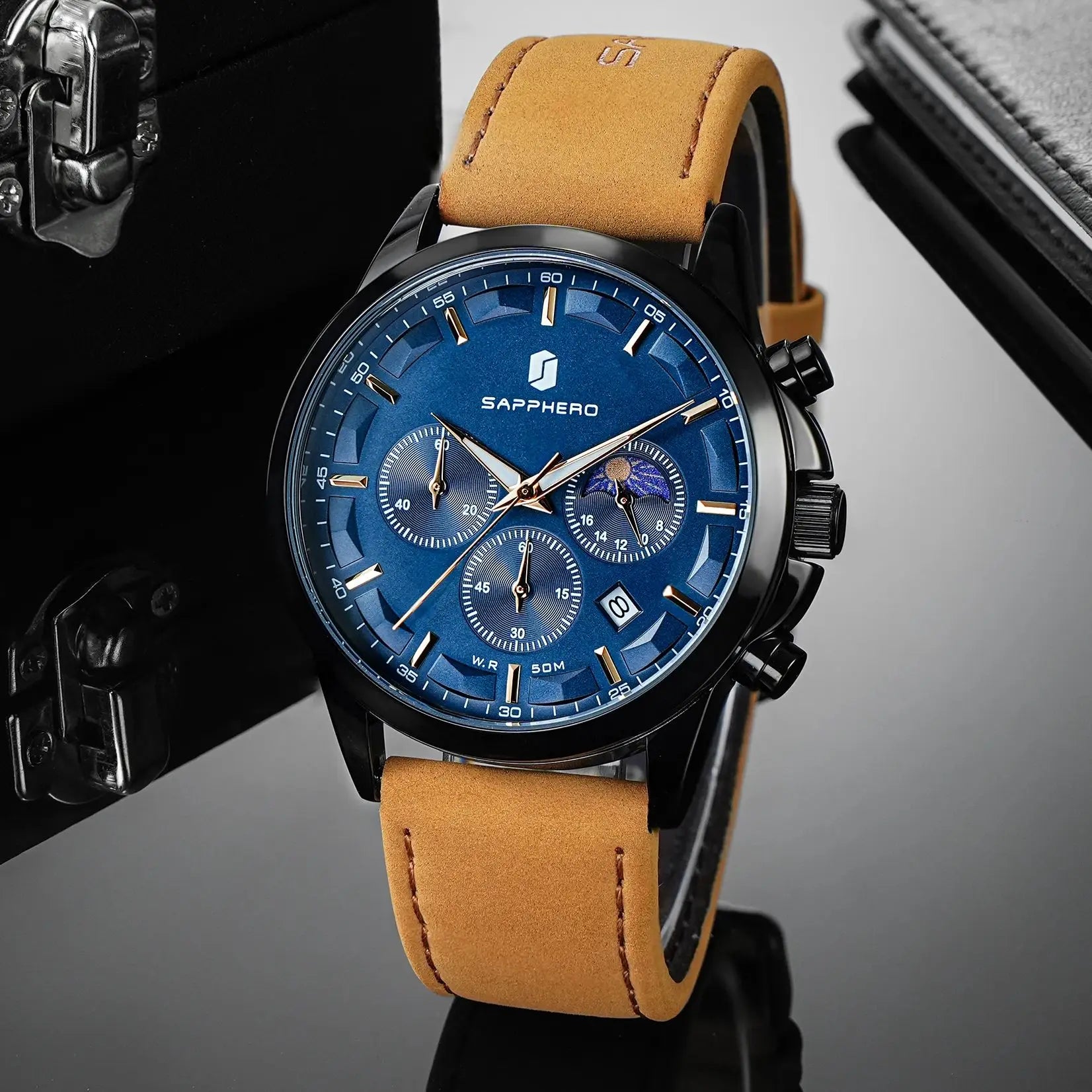 SAPPHERO Reloj Cronógrafo de Cuarzo para Hombre, Impermeable 5ATM, Cristal Hardlex, Correa de Cuero, Reloj Deportivo, Regalo Perfecto para Hombres