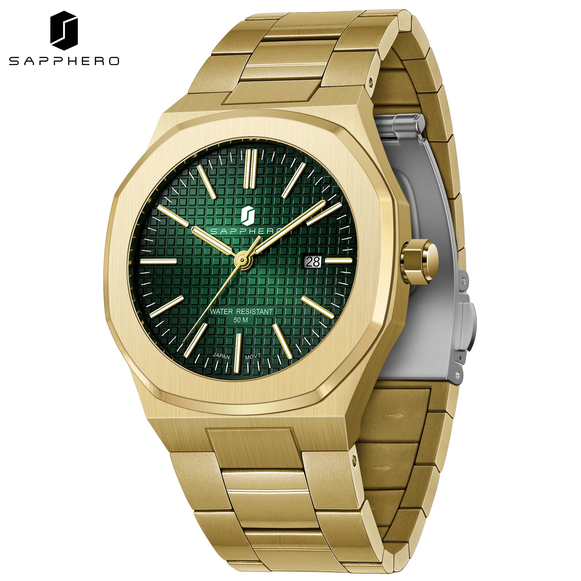 Reloj de cuarzo SAPPHERO para hombre, de acero inoxidable, resistente al agua hasta 50M, con indicador de fecha, manecillas luminosas, reloj de pulsera elegante para negocios, regalo duradero