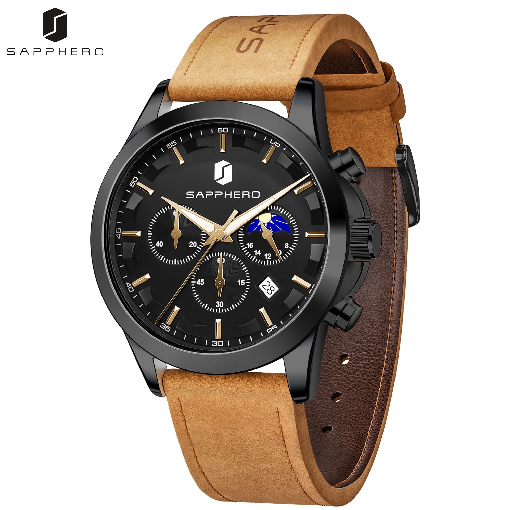 SAPPHERO Reloj Cronógrafo de Cuarzo para Hombre, Impermeable 5ATM, Cristal Hardlex, Correa de Cuero, Reloj Deportivo, Regalo Perfecto para Hombres