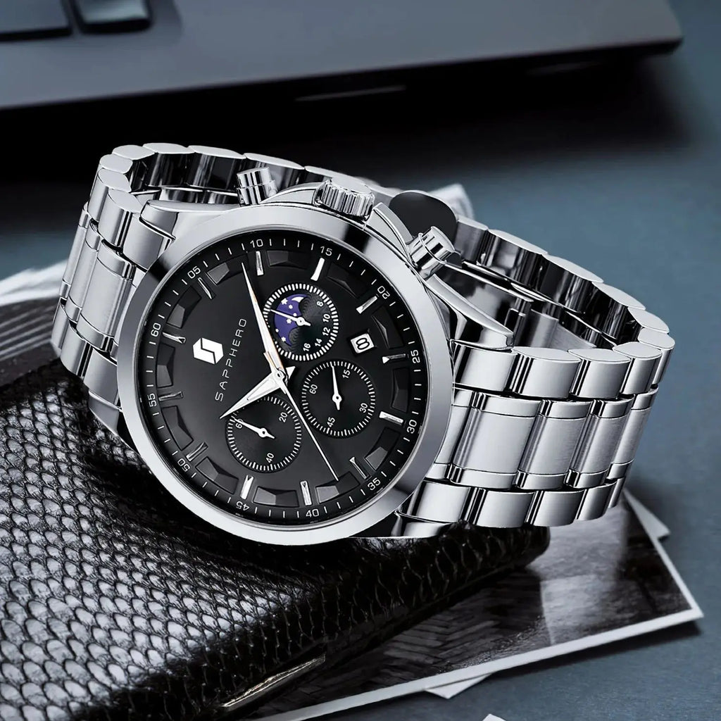 SAPPHERO Reloj Cronógrafo Hombre Lujo Esfera Negra Cristal Hardlex Correa Acero Inoxidable Impermeable 50M Reloj Deportivo Elegante Negocios Regalo Hombre Estilo Casual Uso Diario