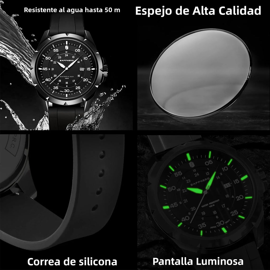 SAPPHERO Reloj Hombre Cuarzo Cronógrafo Deportivo Moda Acero Inoxidable Esfera Azul Pantalla de Fecha Impermeable 50M Estilo Casual Outdoor Reloj Elegante Negocios Lujo Regalo Hombre Uso Diario