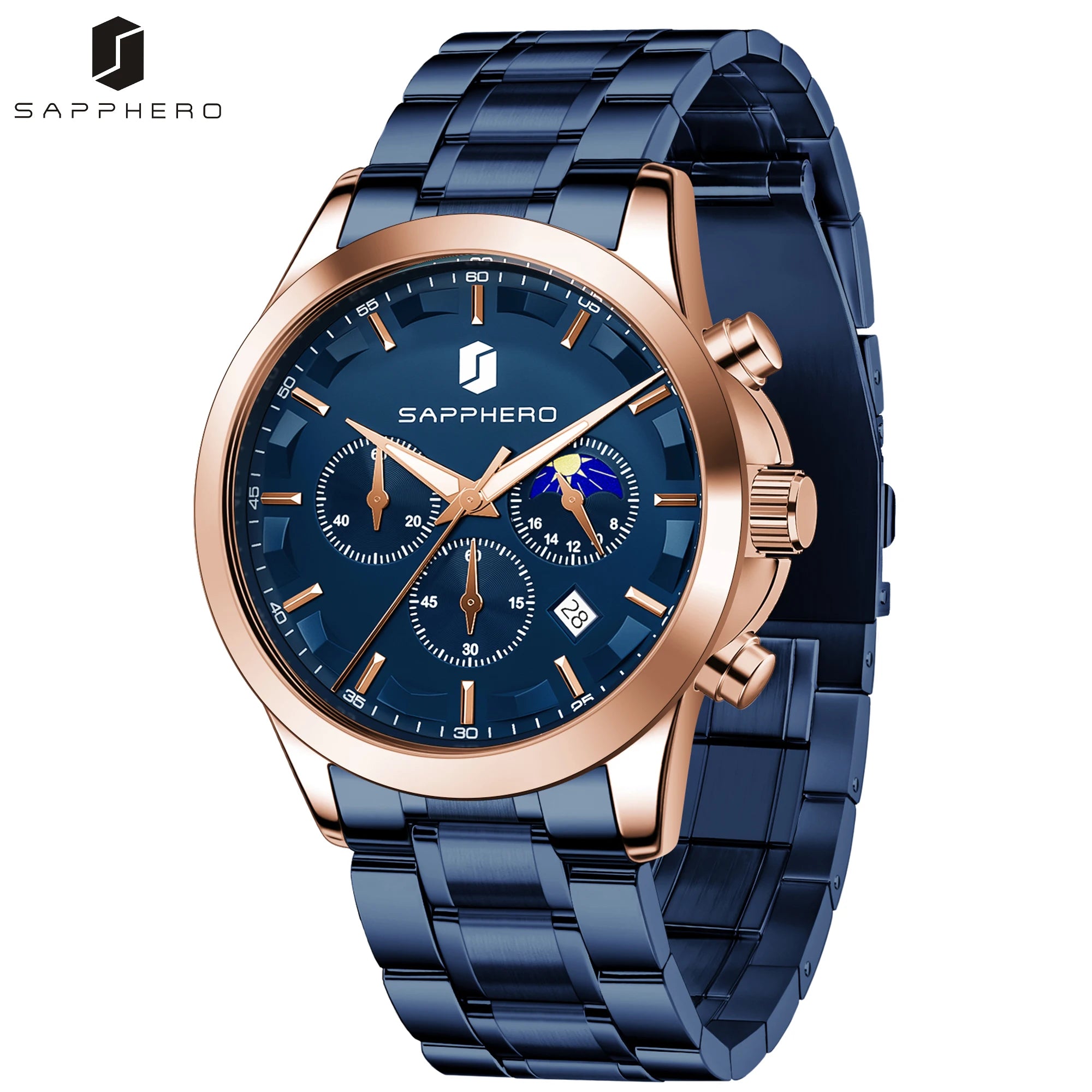 SAPPHERO Reloj Cronógrafo Hombre Lujo Esfera Negra Cristal Hardlex Correa Acero Inoxidable Impermeable 50M Reloj Deportivo Elegante Negocios Regalo Hombre Estilo Casual Uso Diario