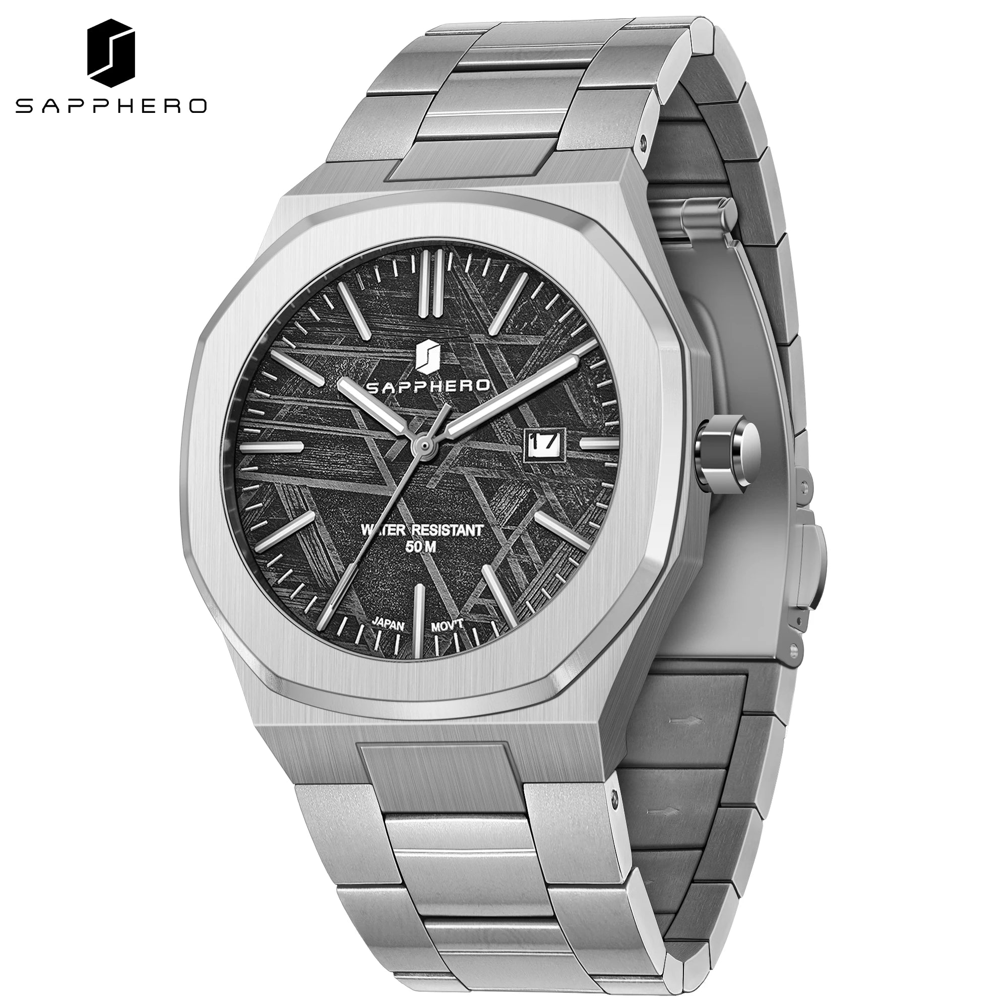 Reloj de cuarzo SAPPHERO para hombre, de acero inoxidable, resistente al agua hasta 50M, con indicador de fecha, manecillas luminosas, reloj de pulsera elegante para negocios, regalo duradero